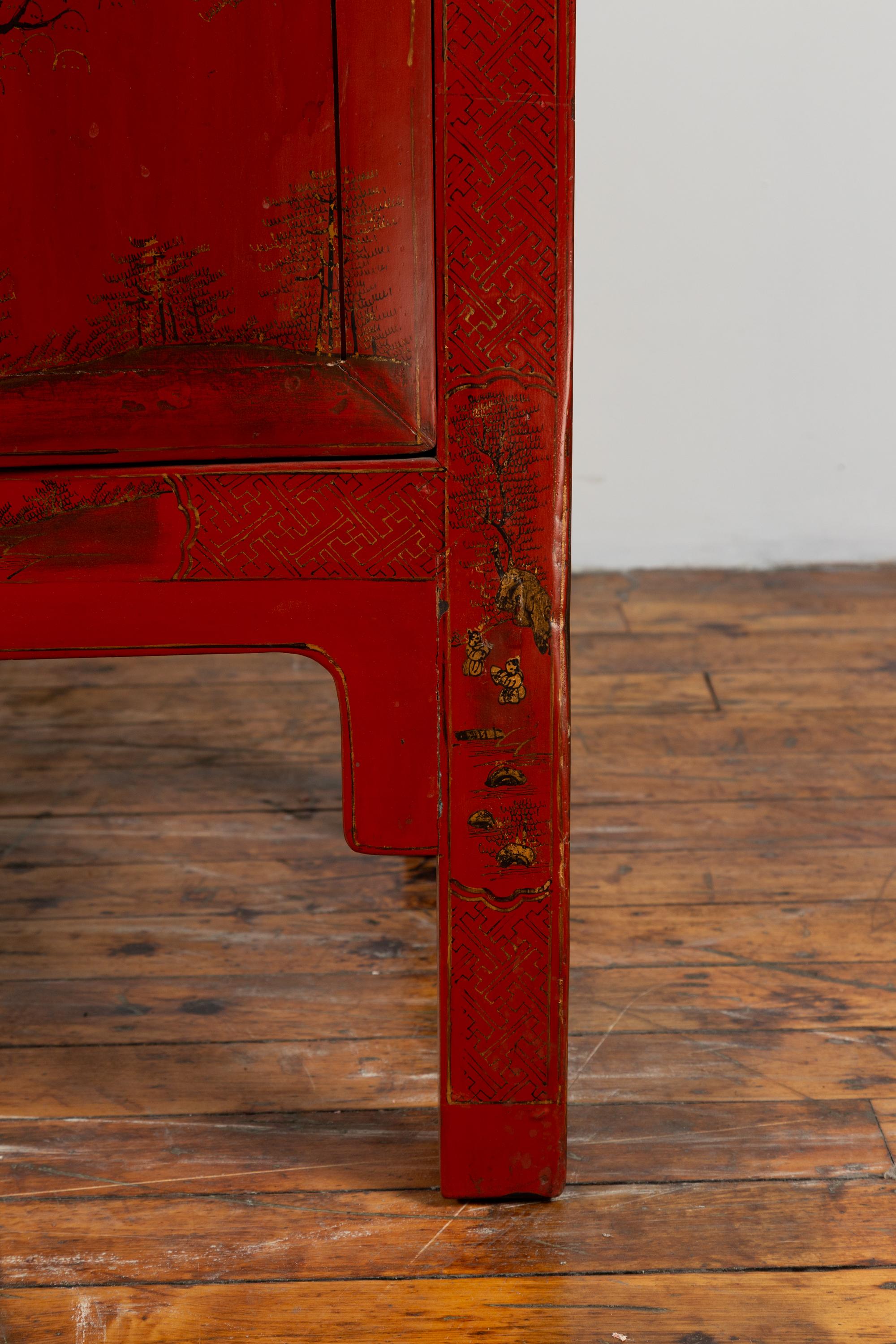 Chinese 19th Century Qing Dynasty Red Lacquered Cabinet with Chinoiserie Décor 9