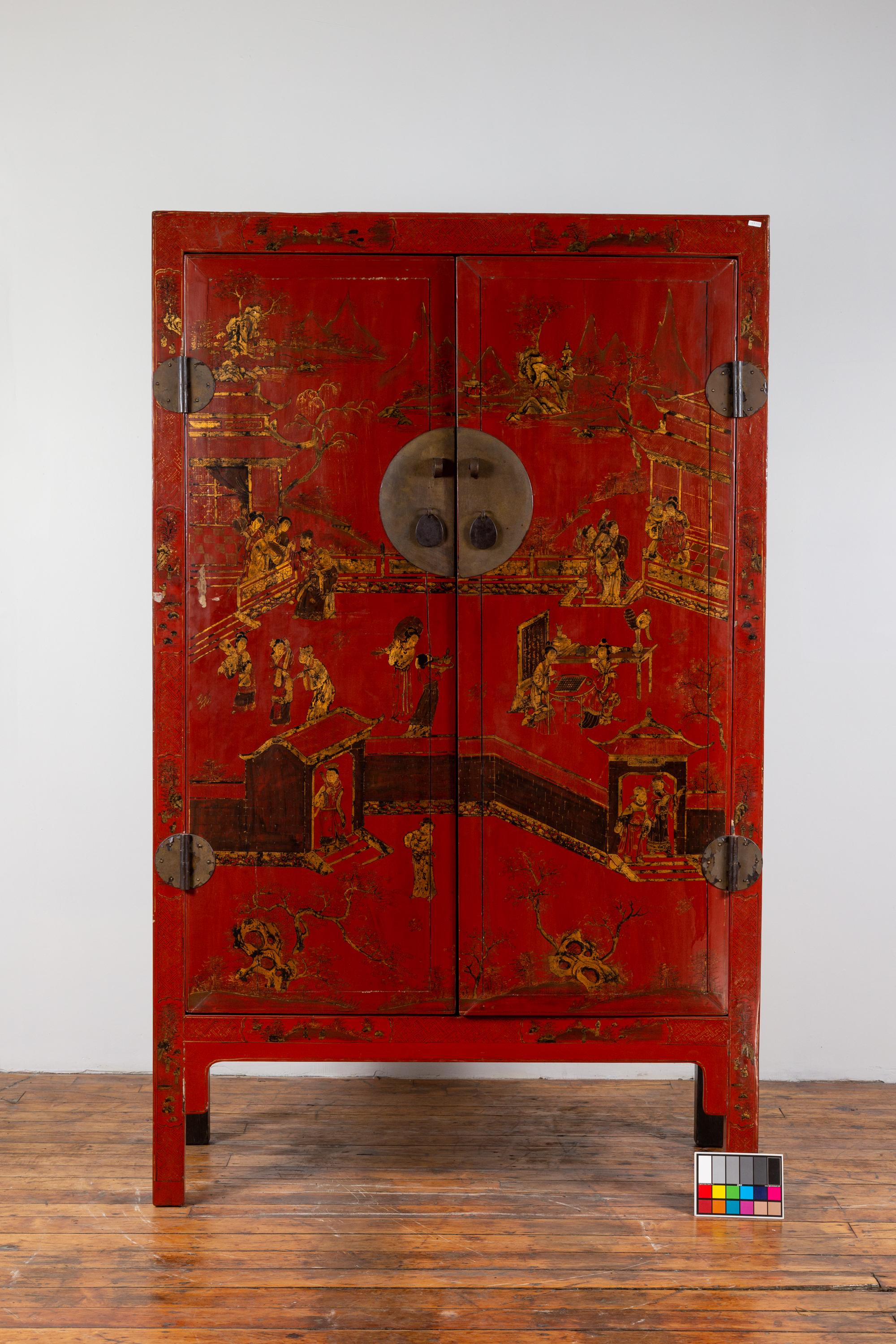 Chinese 19th Century Qing Dynasty Red Lacquered Cabinet with Chinoiserie Décor 14
