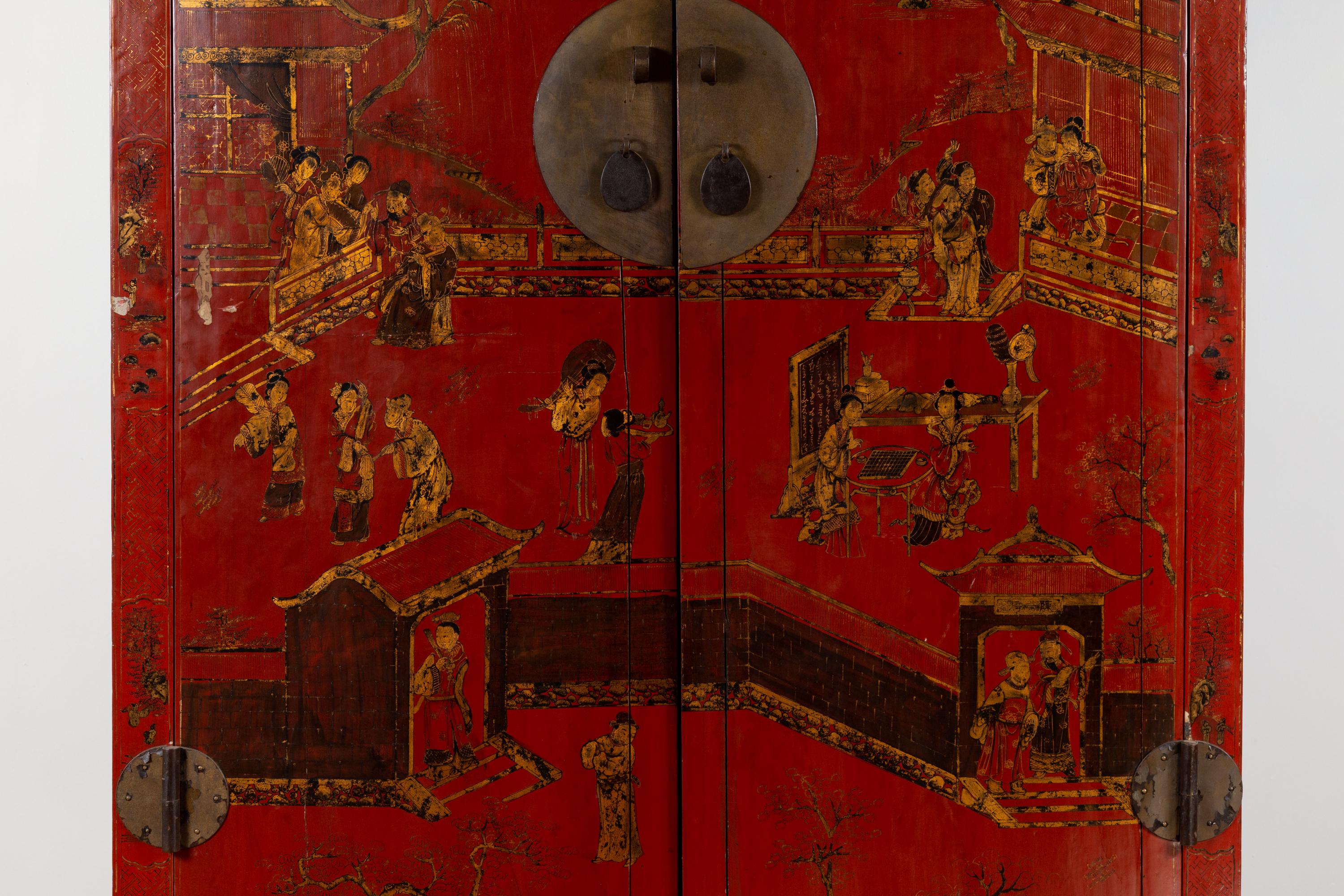 Wood Chinese 19th Century Qing Dynasty Red Lacquered Cabinet with Chinoiserie Décor