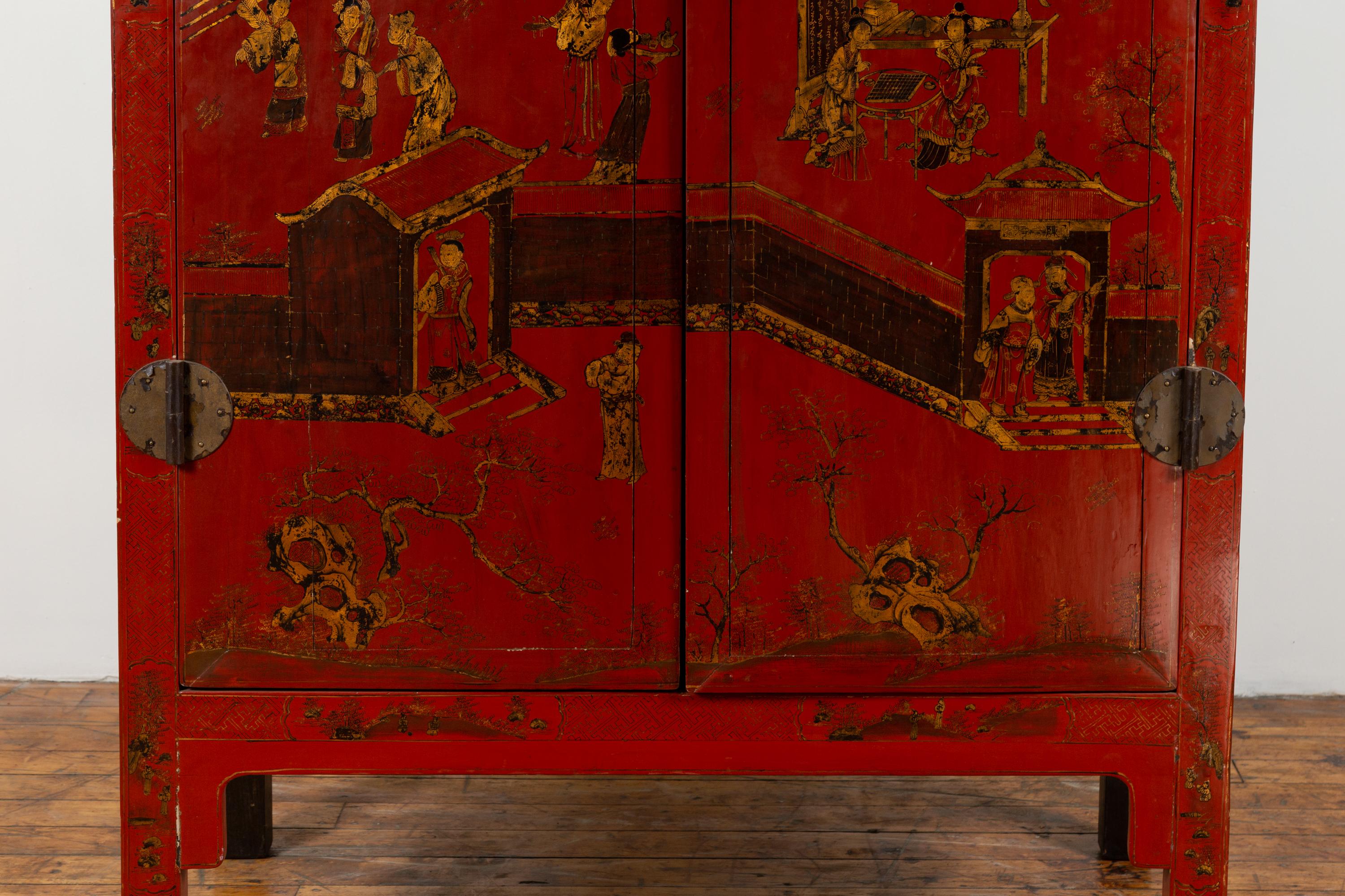 Chinese 19th Century Qing Dynasty Red Lacquered Cabinet with Chinoiserie Décor 1
