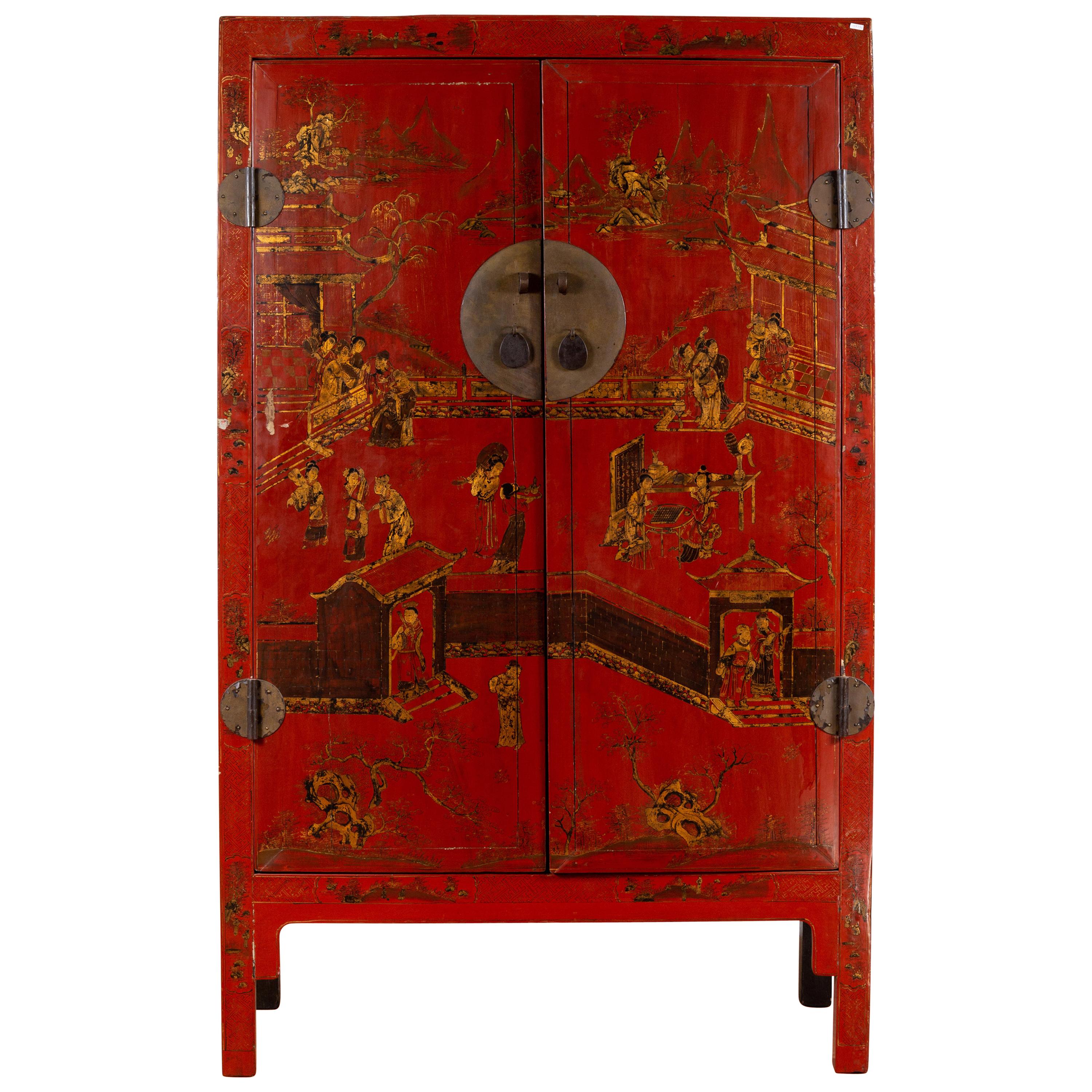 Chinese 19th Century Qing Dynasty Red Lacquered Cabinet with Chinoiserie Décor