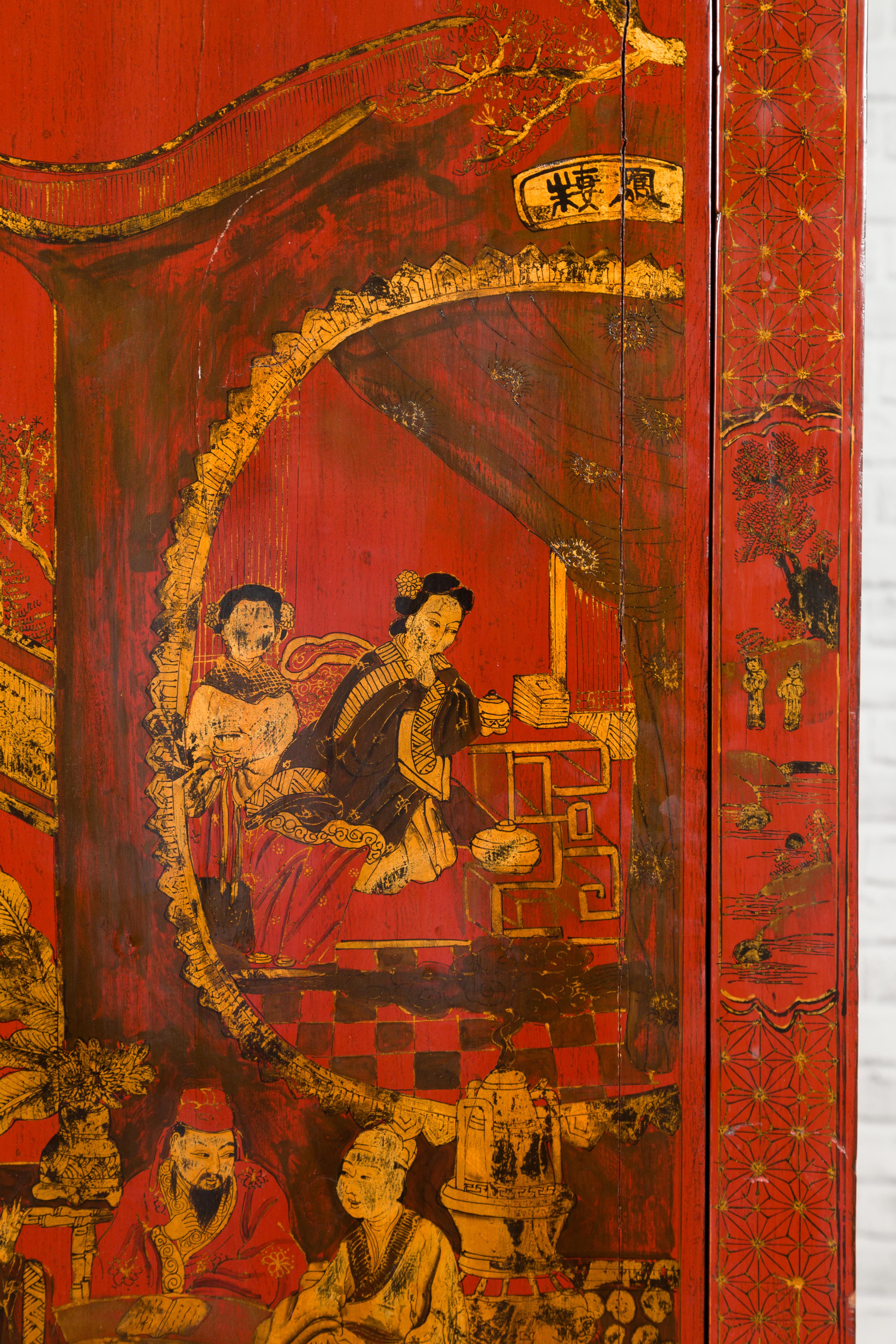 Chinese 19th Century Qing Dynasty Red Lacquered Cabinet with Chinoiserie Motifs 7