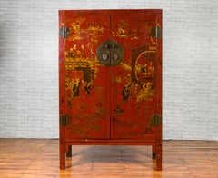 Chinese 19th Century Qing Dynasty Red Lacquered Cabinet with Chinoiserie Motifs
