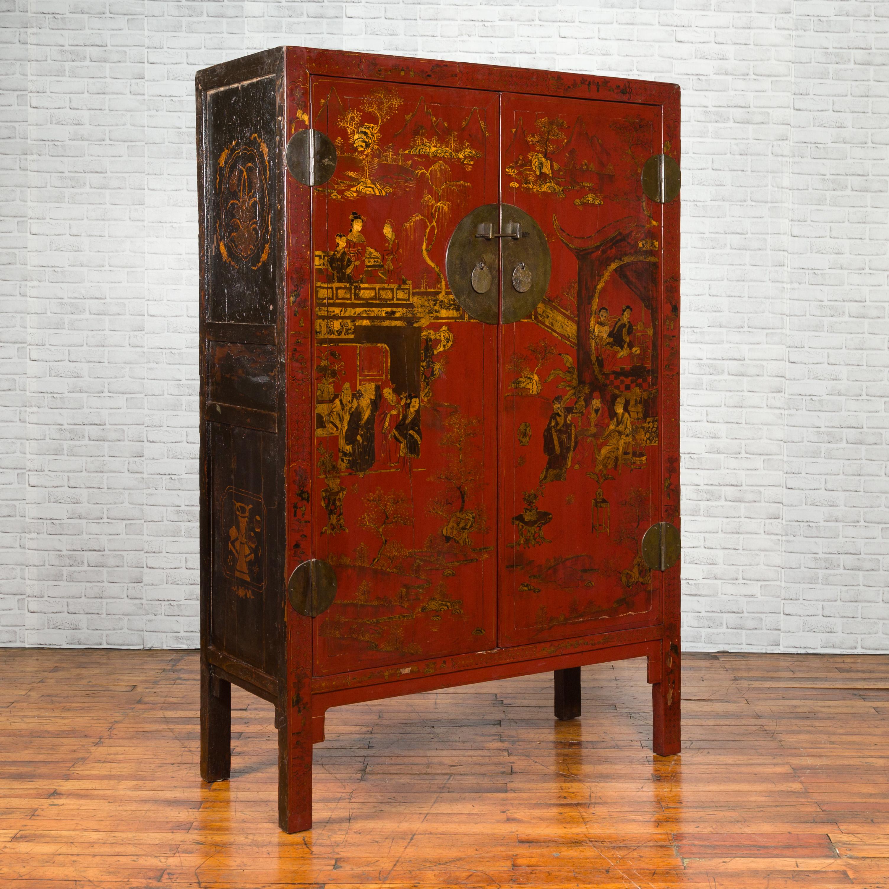 Chinese 19th Century Qing Dynasty Red Lacquered Cabinet with Chinoiserie Motifs In Good Condition In Yonkers, NY