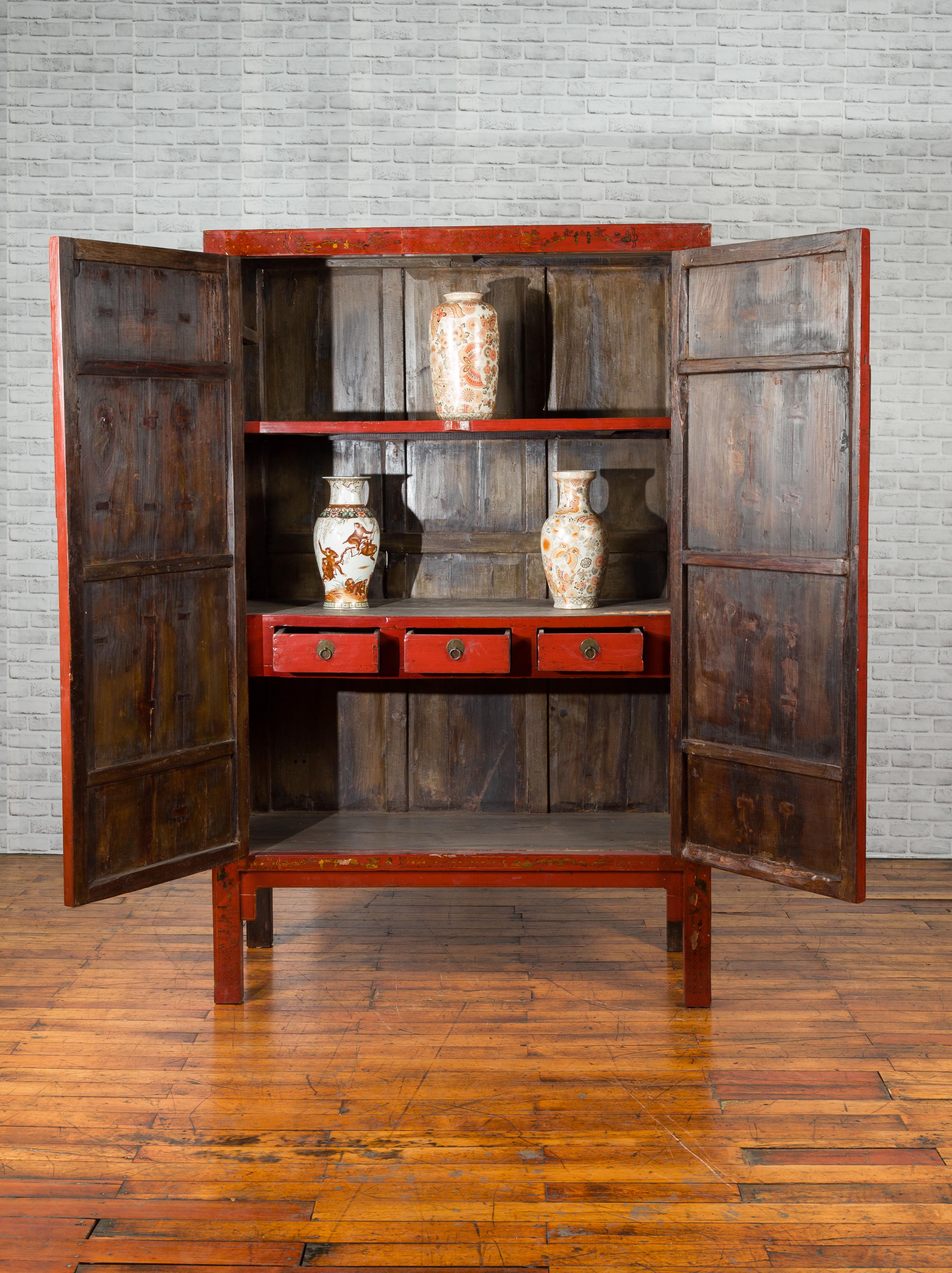 Wood Chinese 19th Century Qing Dynasty Red Lacquered Cabinet with Chinoiserie Motifs