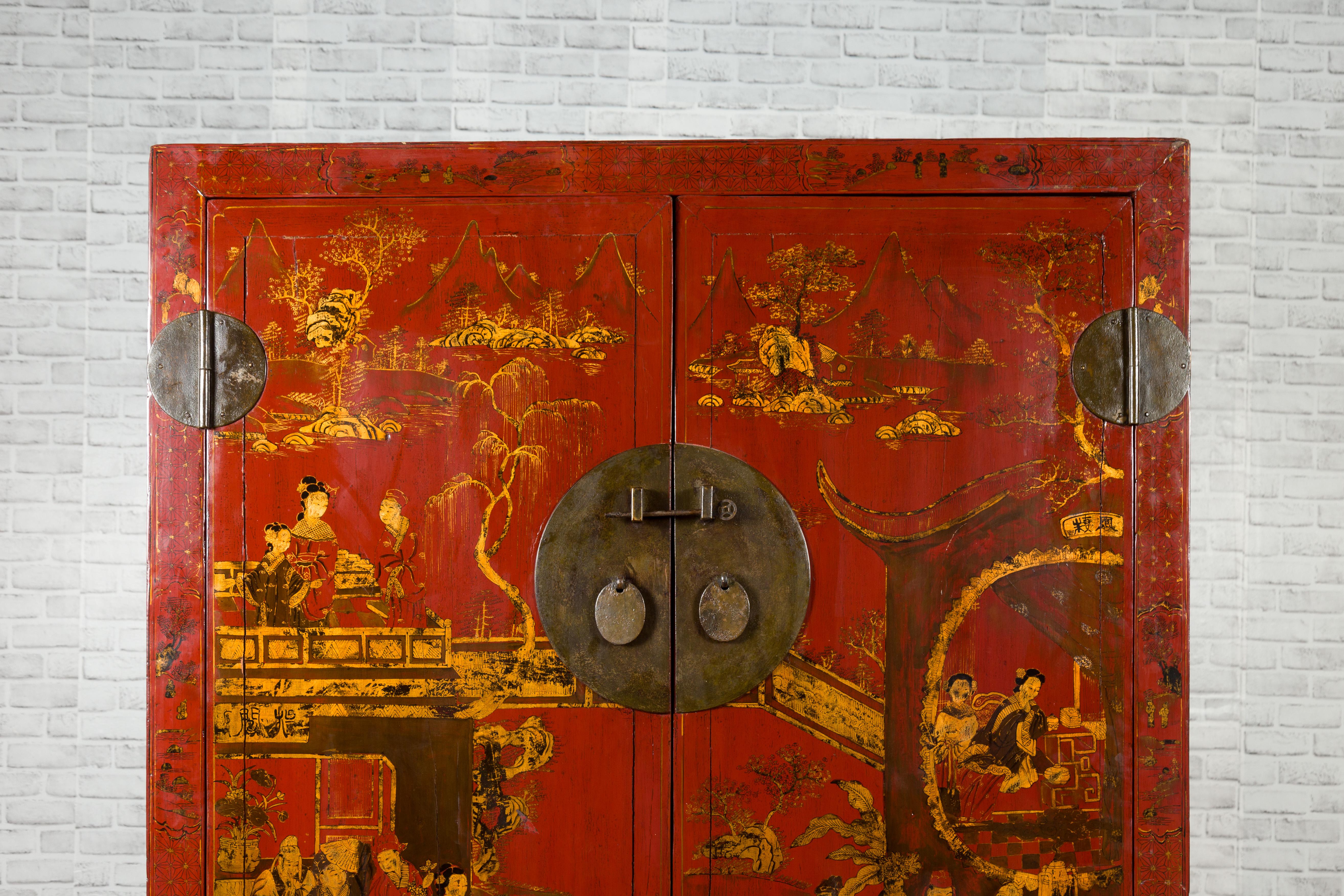 Chinese 19th Century Qing Dynasty Red Lacquered Cabinet with Chinoiserie Motifs 1