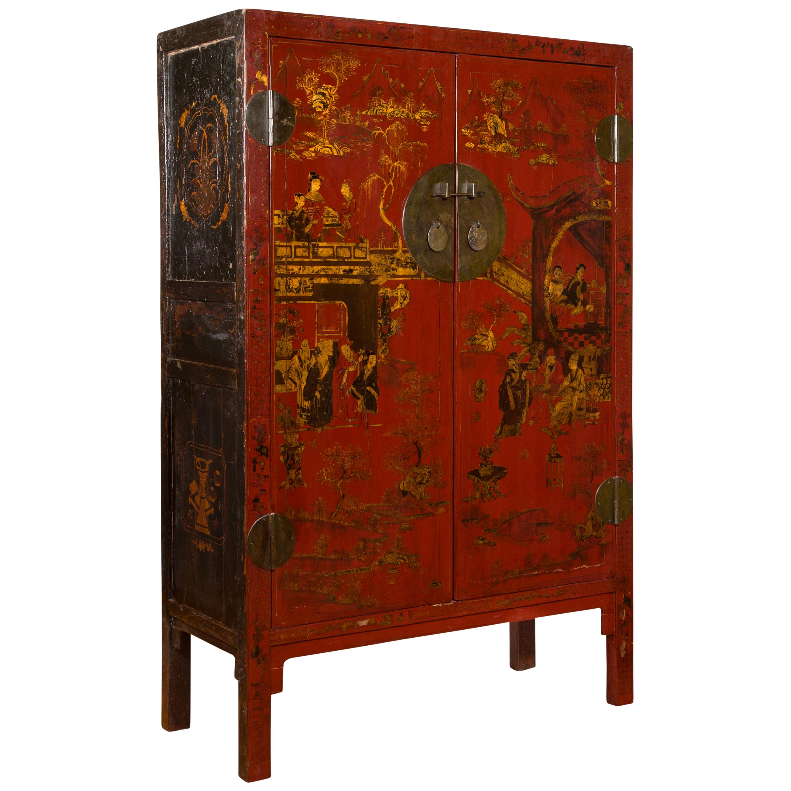Chinese 19th Century Qing Dynasty Red Lacquered Cabinet with Chinoiserie Motifs