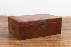 19th Century Qing Dynasty Red Painted Paper Bound Trunk with Brass Lock