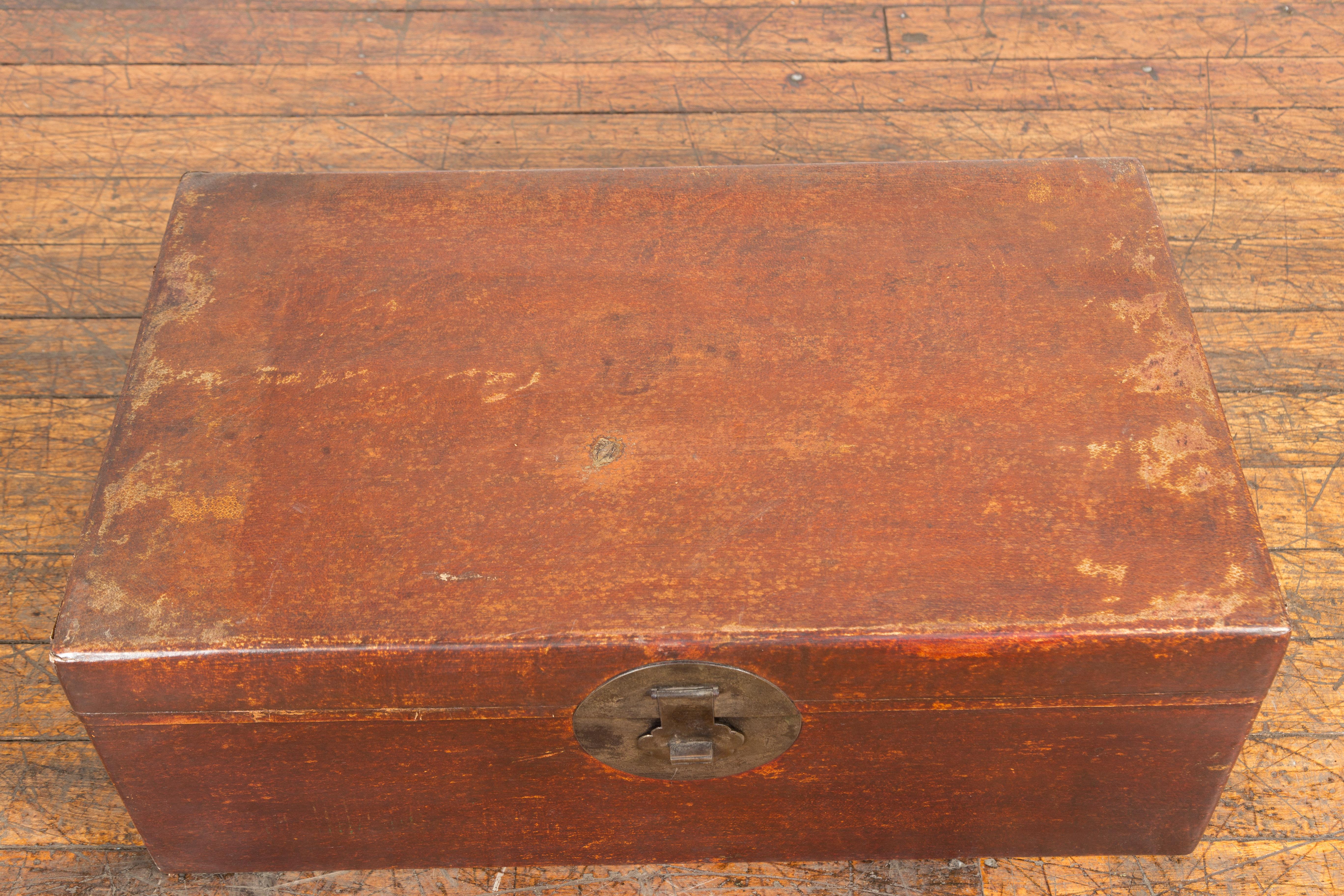 Chinese 19th Century Qing Dynasty Red Painted Paper Bound Trunk with Brass Lock For Sale 4