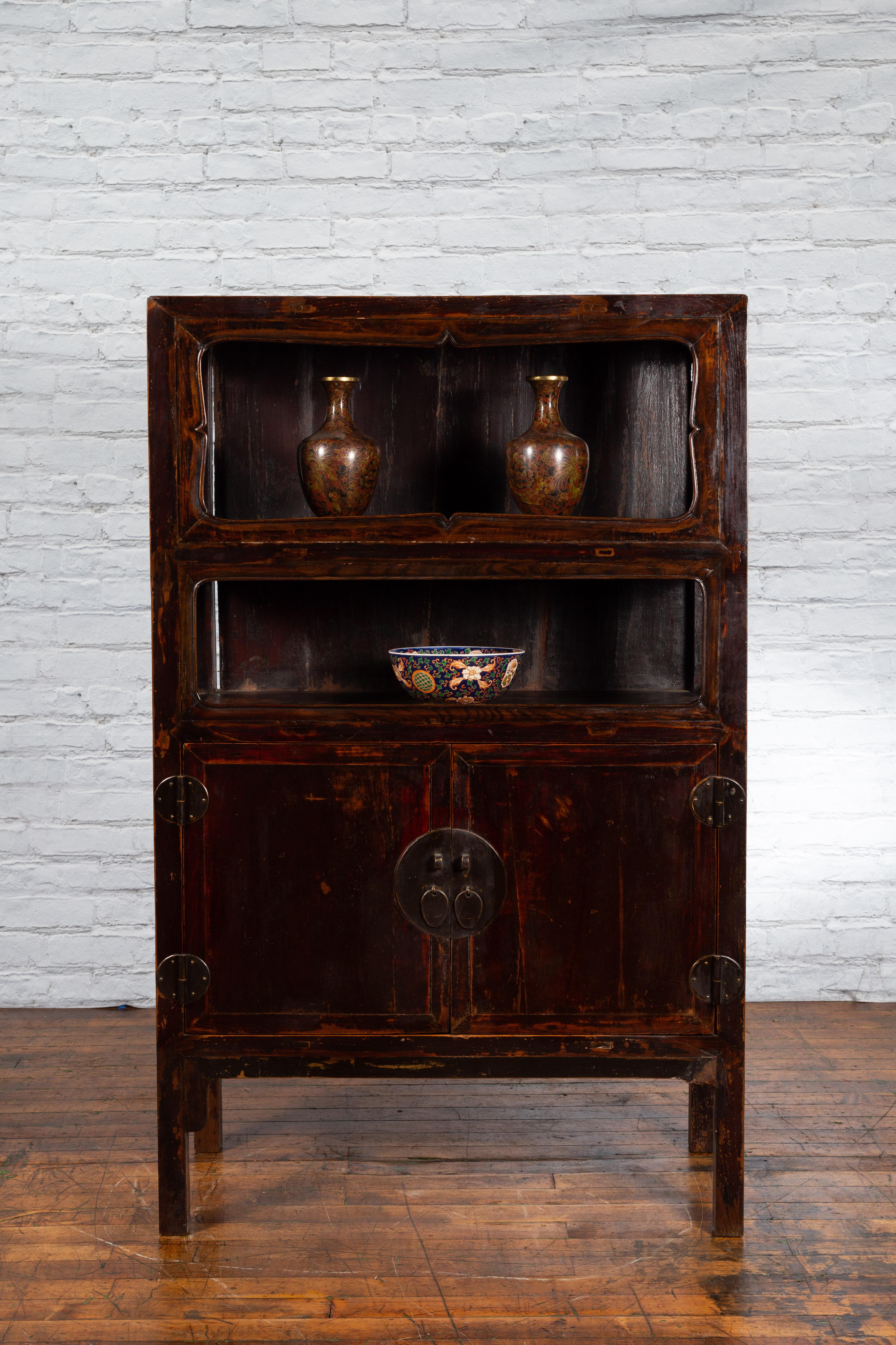 Chinese 19th Century Qing Dynasty Reddish Brown Lacquer Display Cabinet 1