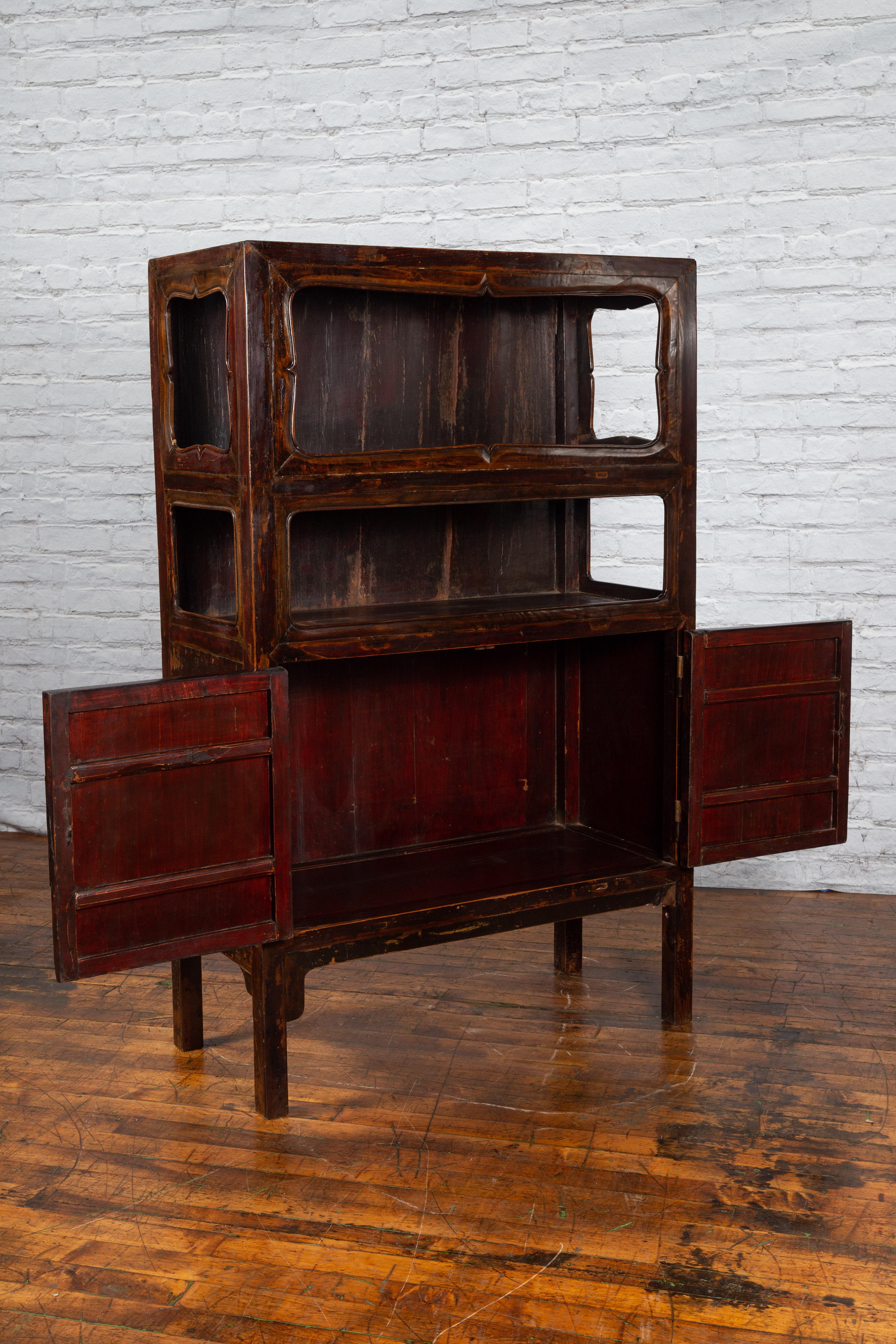 Chinese 19th Century Qing Dynasty Reddish Brown Lacquer Display Cabinet 3