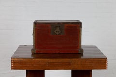 Qing Dynasty 19th Century Red Lacquered Treasure Chest Box with Brass Hardware