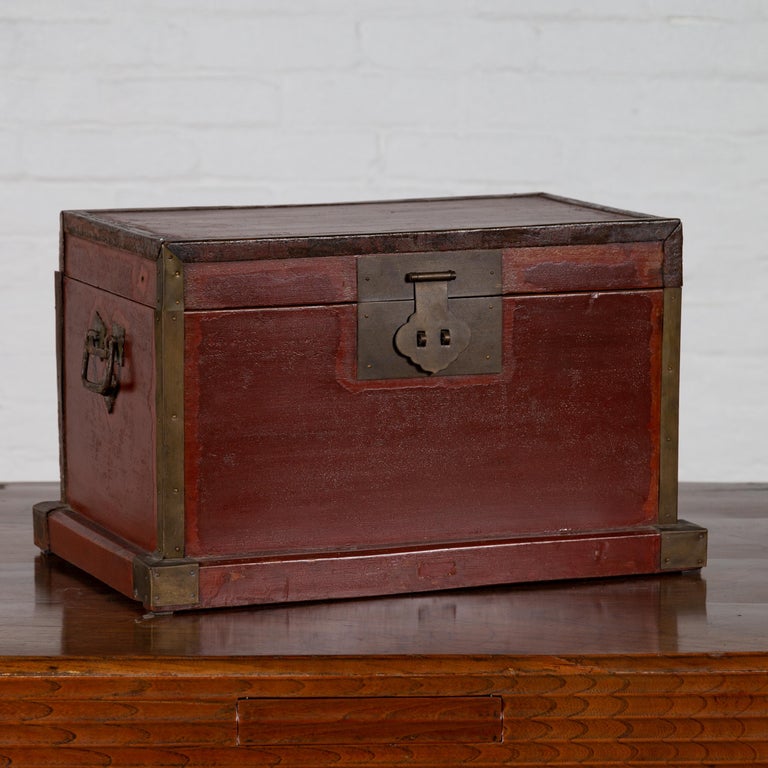 Chinese 19th Century Red Lacquered Treasure Chest Box with Brass