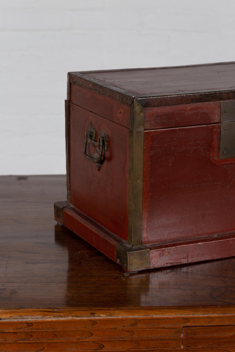 Chinese 19th Century Red Lacquered Treasure Chest Box with Brass