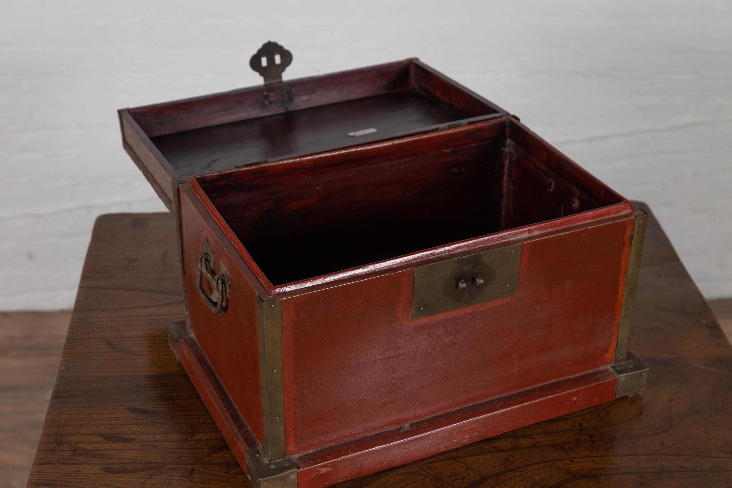 Chinese 19th Century Red Lacquered Treasure Chest Box with Brass Hardware In Good Condition For Sale In Yonkers, NY