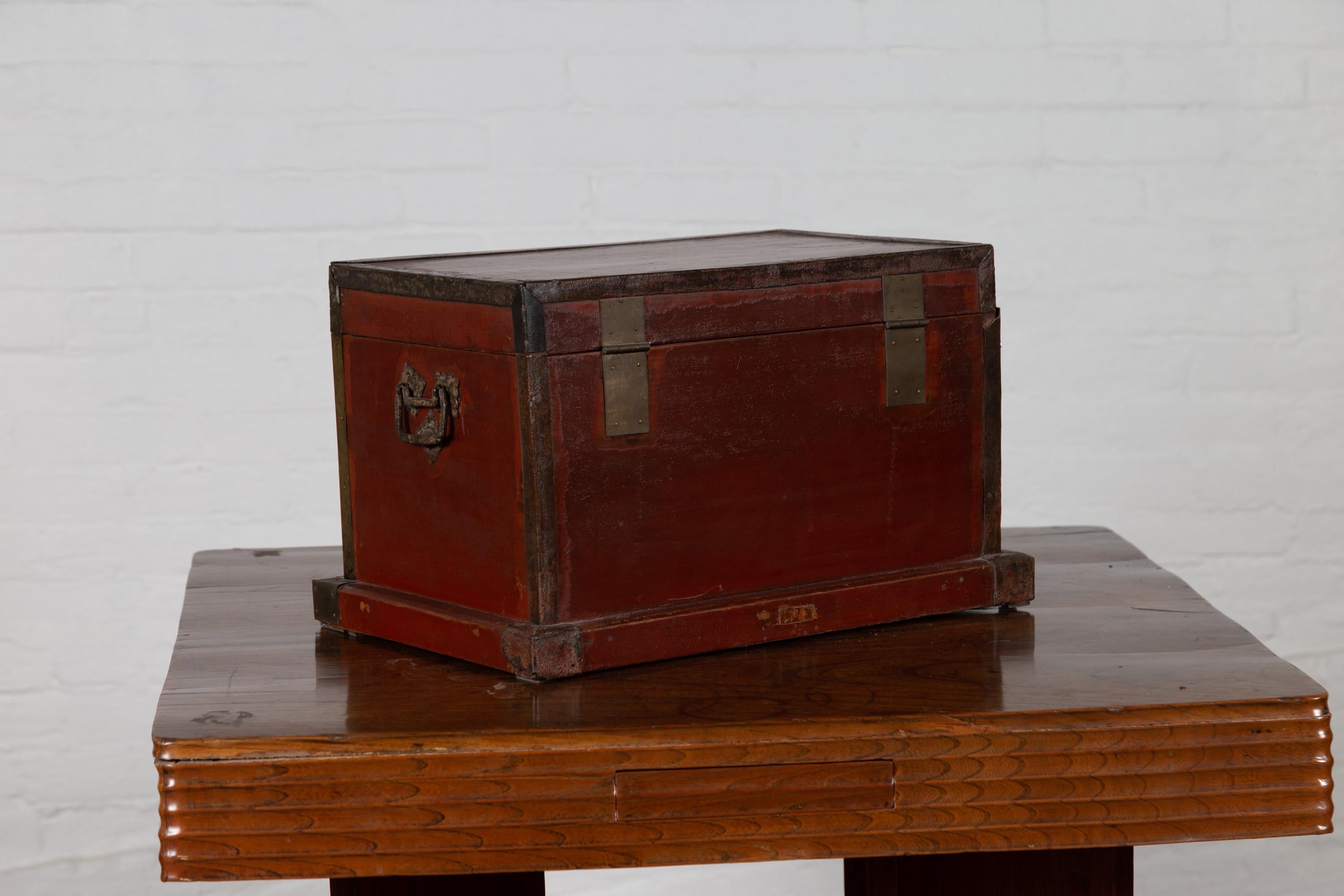 Wood Chinese 19th Century Red Lacquered Treasure Chest Box with Brass Hardware For Sale