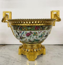 Chinese 19th Century Rose Medallion Center Bowl on Gilt Bronze Base, Greek Key