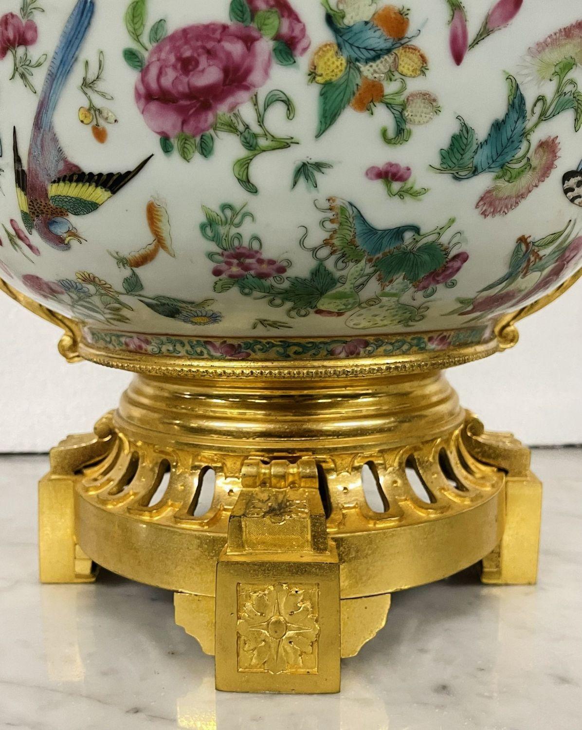 Chinese 19th Century Rose Medallion Center Bowl on Gilt Bronze Base, Greek Key 1