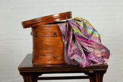 Qing Dynasty 19th Century Round Lidded Wooden Box with Rattan Top