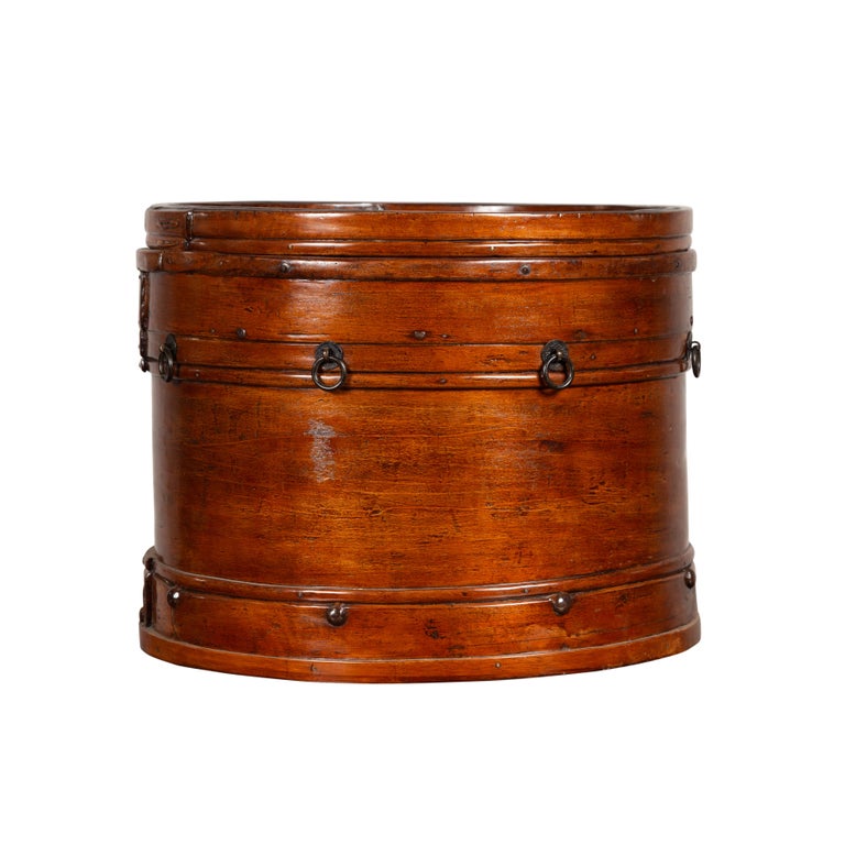 Chinese 19th Century Round Lidded Wooden Basket with Rattan Top and Warm Patina For Sale