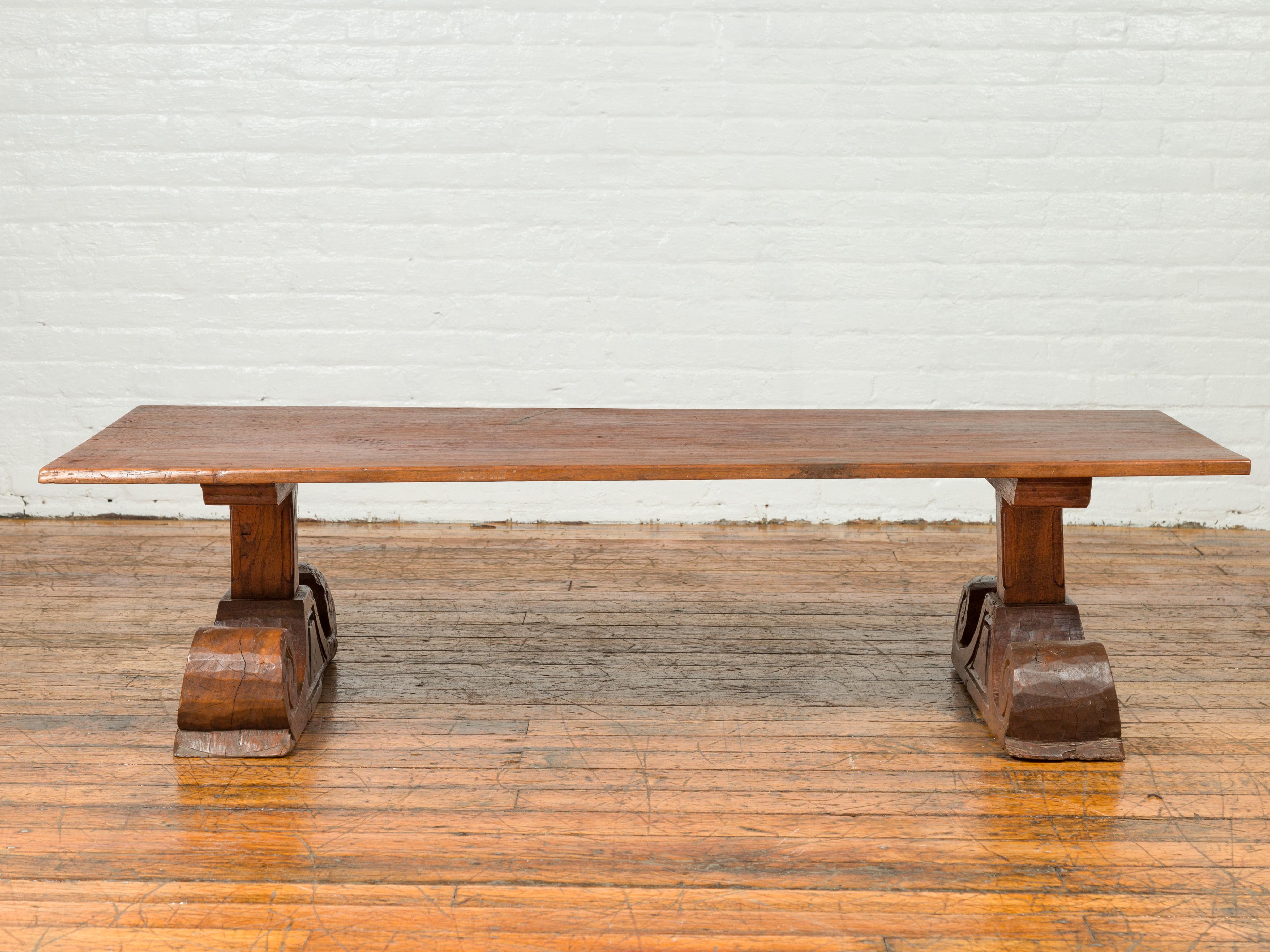 Chinese 19th Century Rustic Elmwood Coffee Table with Large Scrolling Feet 1