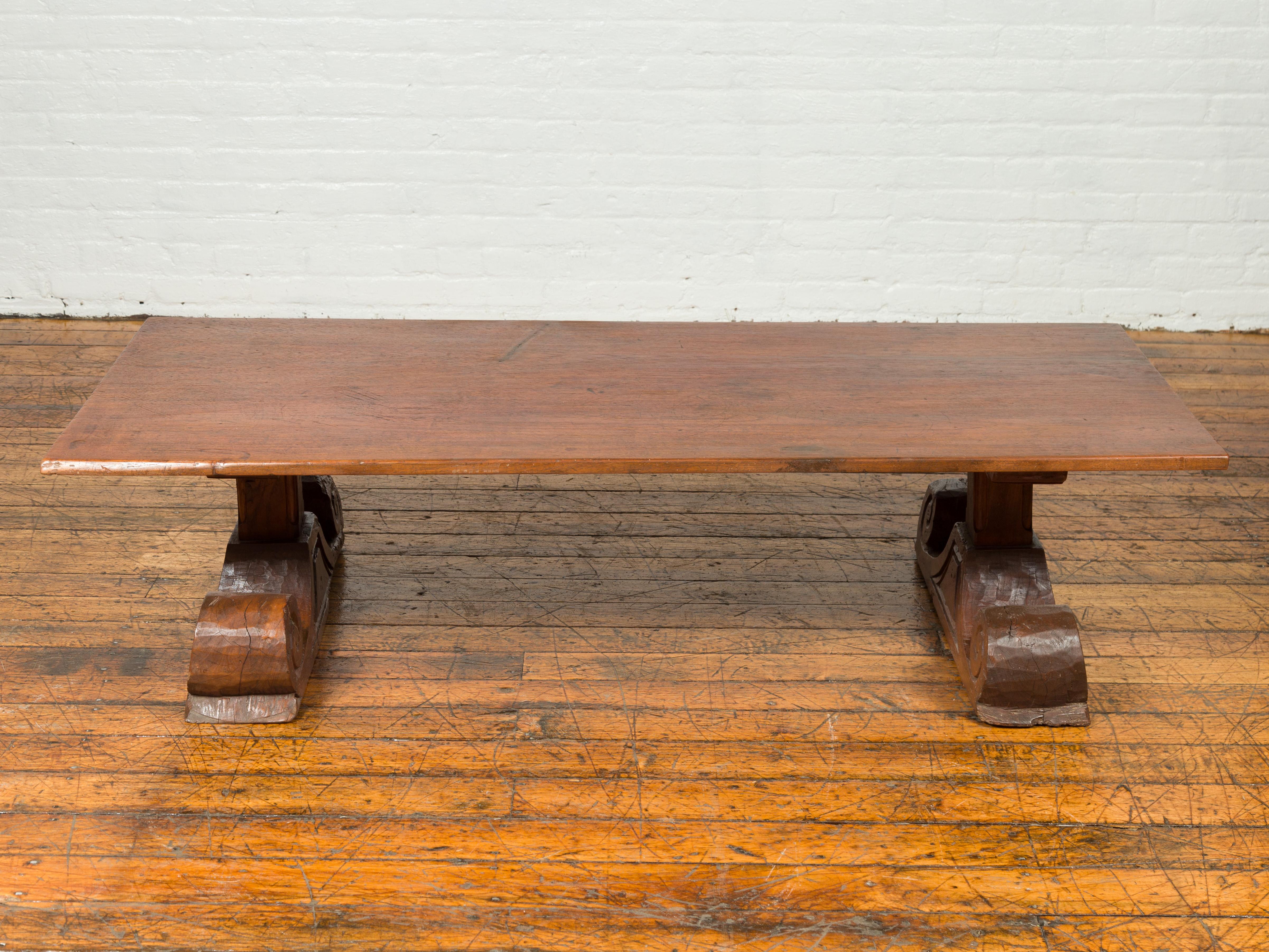 Chinese 19th Century Rustic Elmwood Coffee Table with Large Scrolling Feet 2