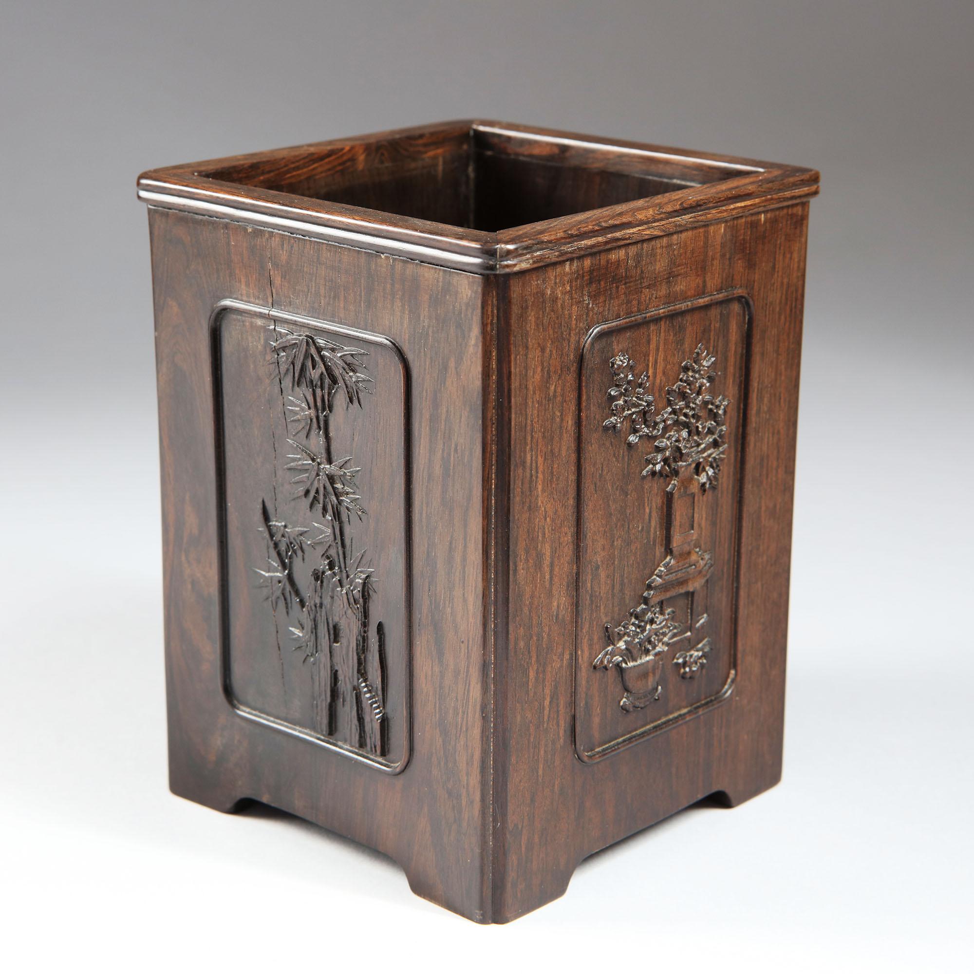 Chinese 19th Century Square Huanghuali Brush Pot In Fair Condition In London, by appointment only