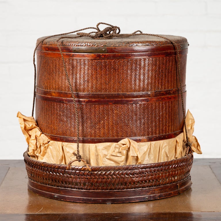 Chinese 19th Century Tiered Food Basket with Stacking Parts, Paper and