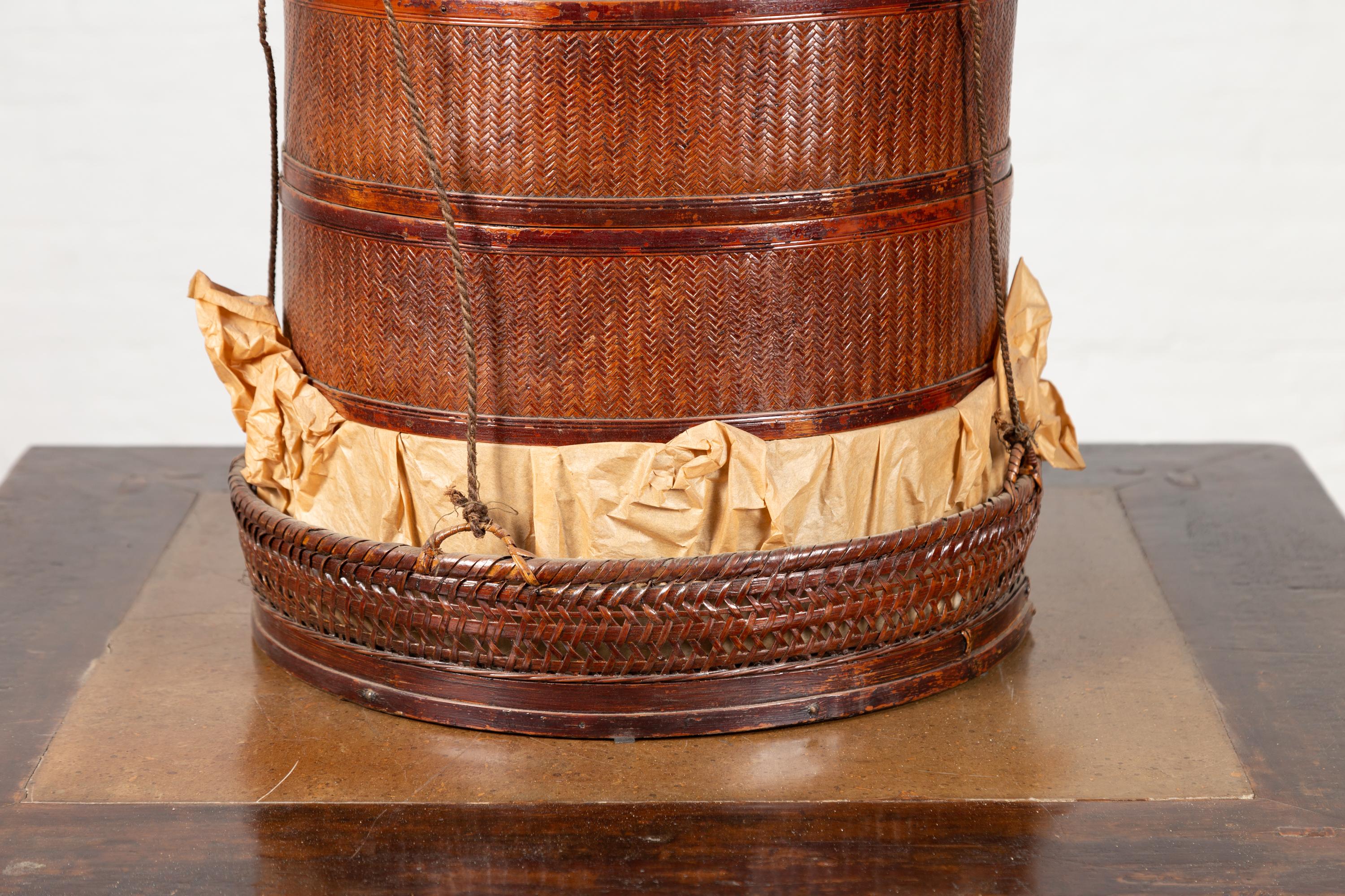 Chinese 19th Century Tiered Food Basket with Stacking Parts, Paper and Rope Ties In Good Condition For Sale In Yonkers, NY