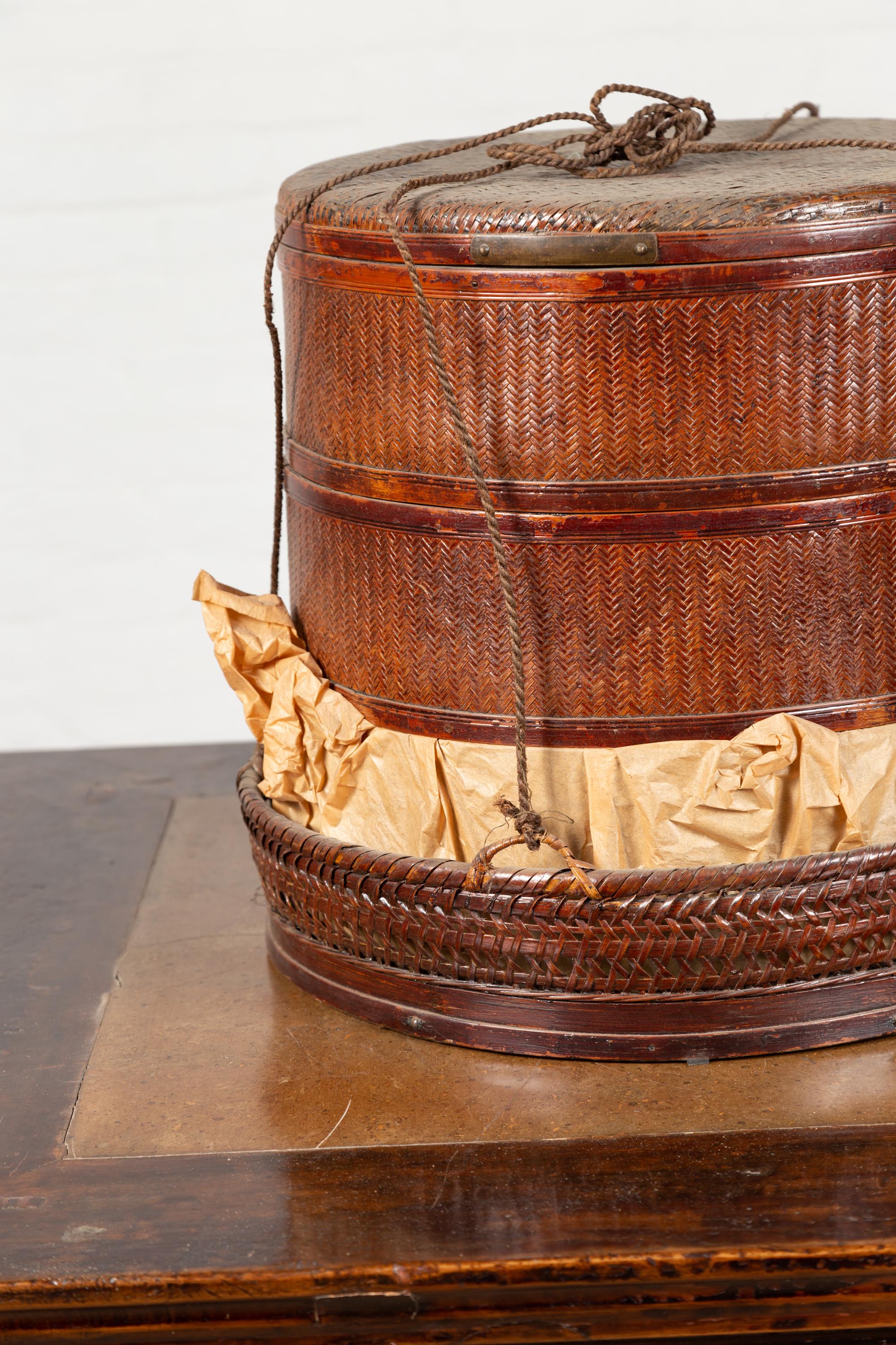 Rattan Chinese 19th Century Tiered Food Basket with Stacking Parts, Paper and Rope Ties For Sale