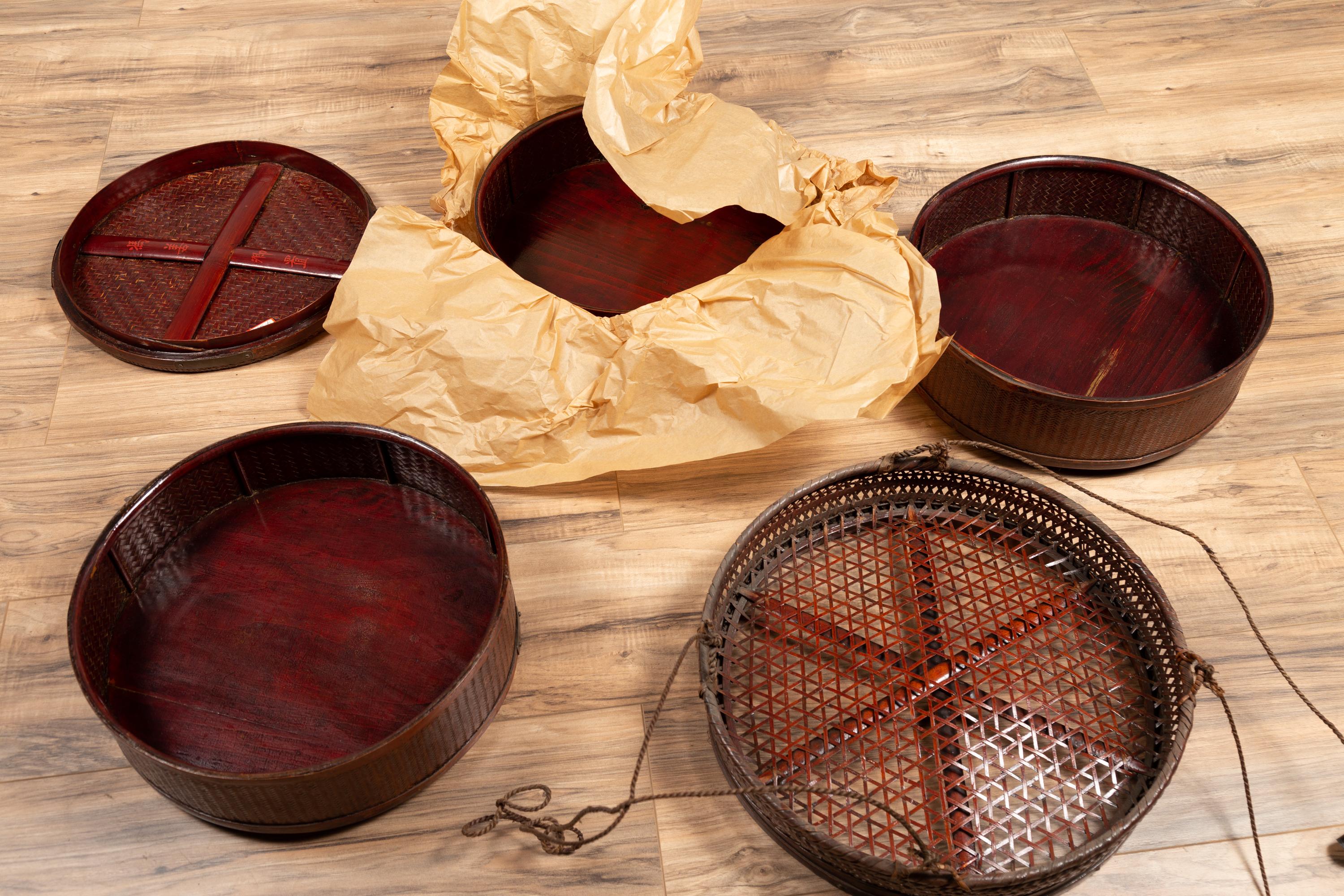 Chinese 19th Century Tiered Food Basket with Stacking Parts, Paper and Rope Ties For Sale 2