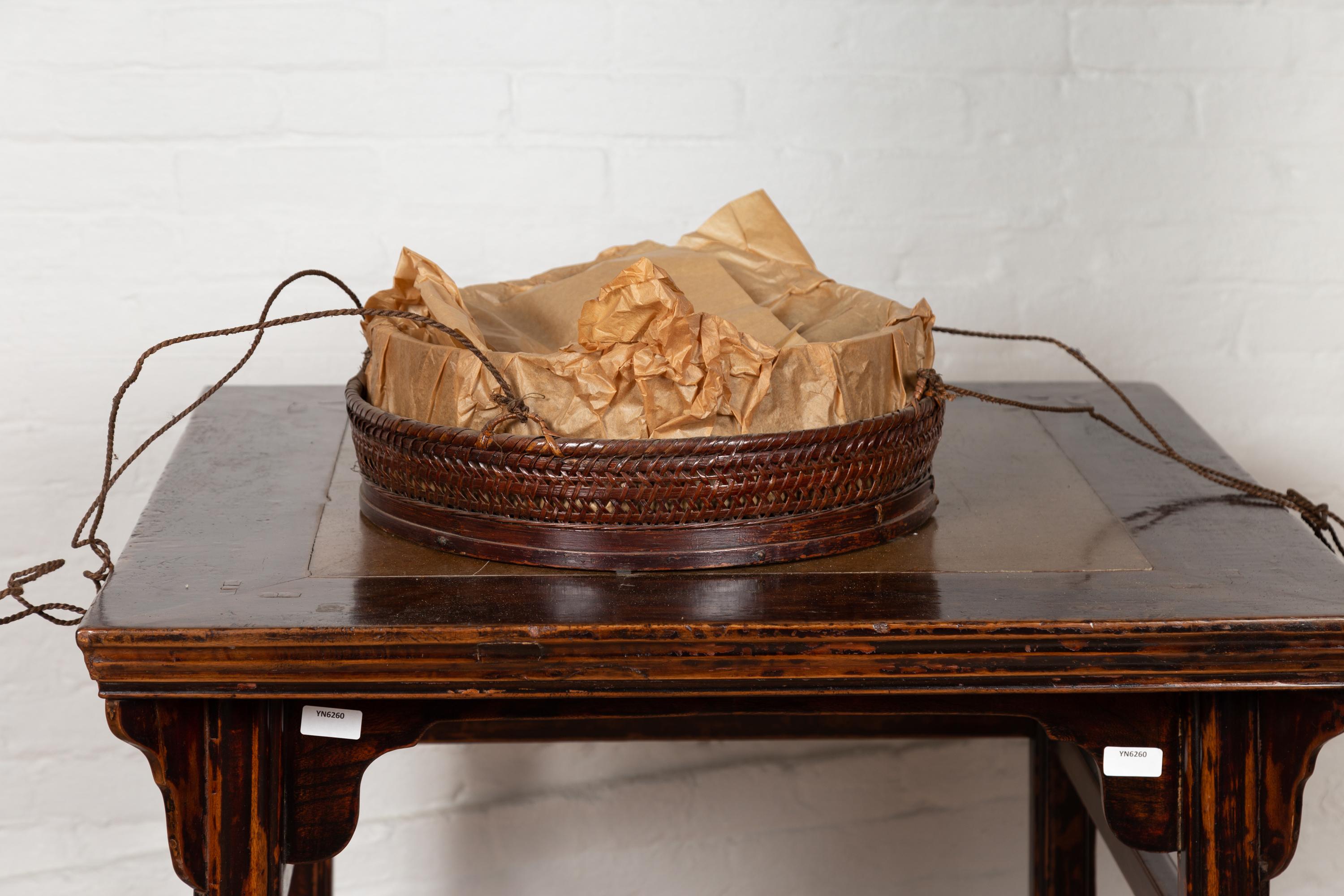 Chinese 19th Century Tiered Food Basket with Stacking Parts, Paper and Rope Ties For Sale 4