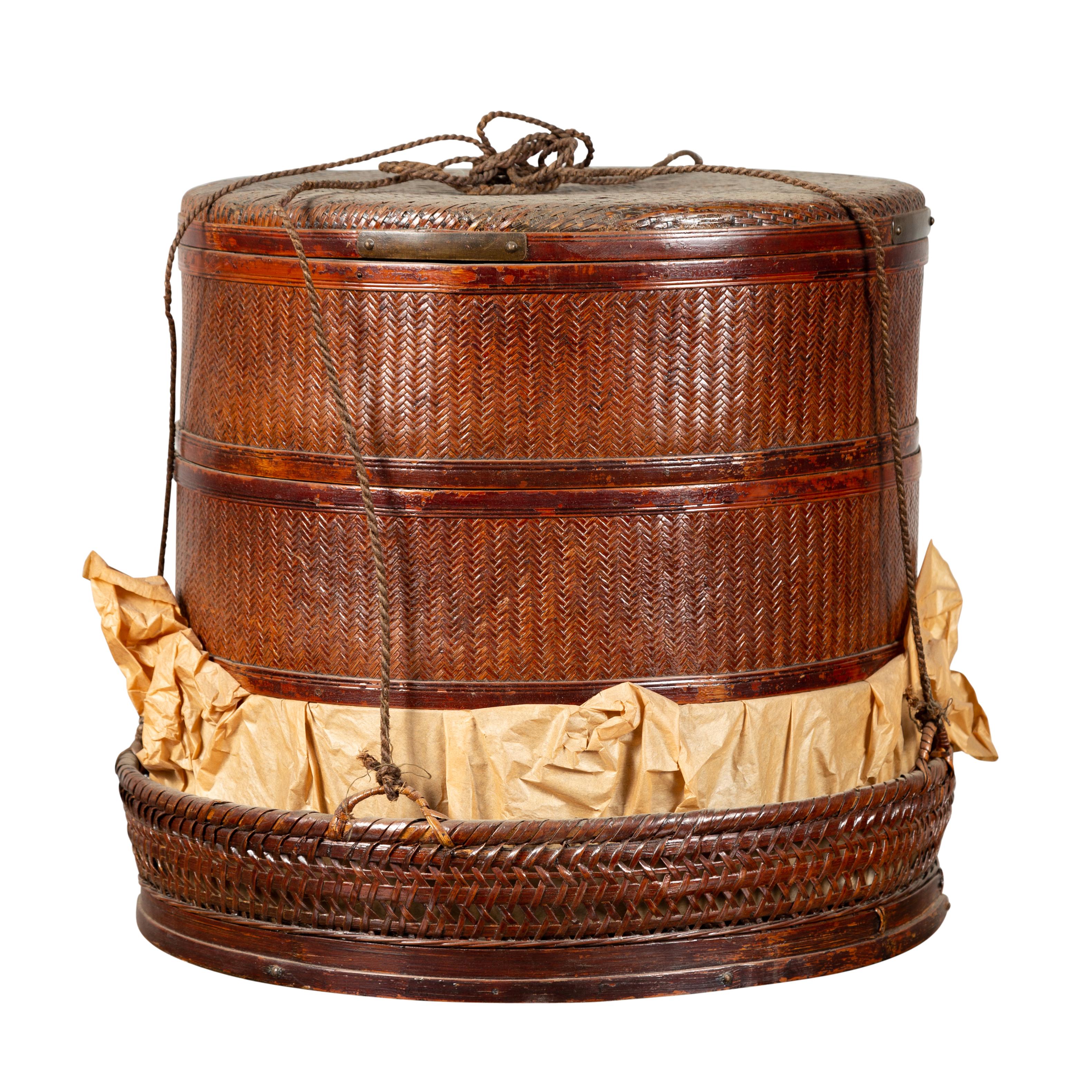 Chinese 19th Century Tiered Food Basket with Stacking Parts, Paper and Rope Ties For Sale