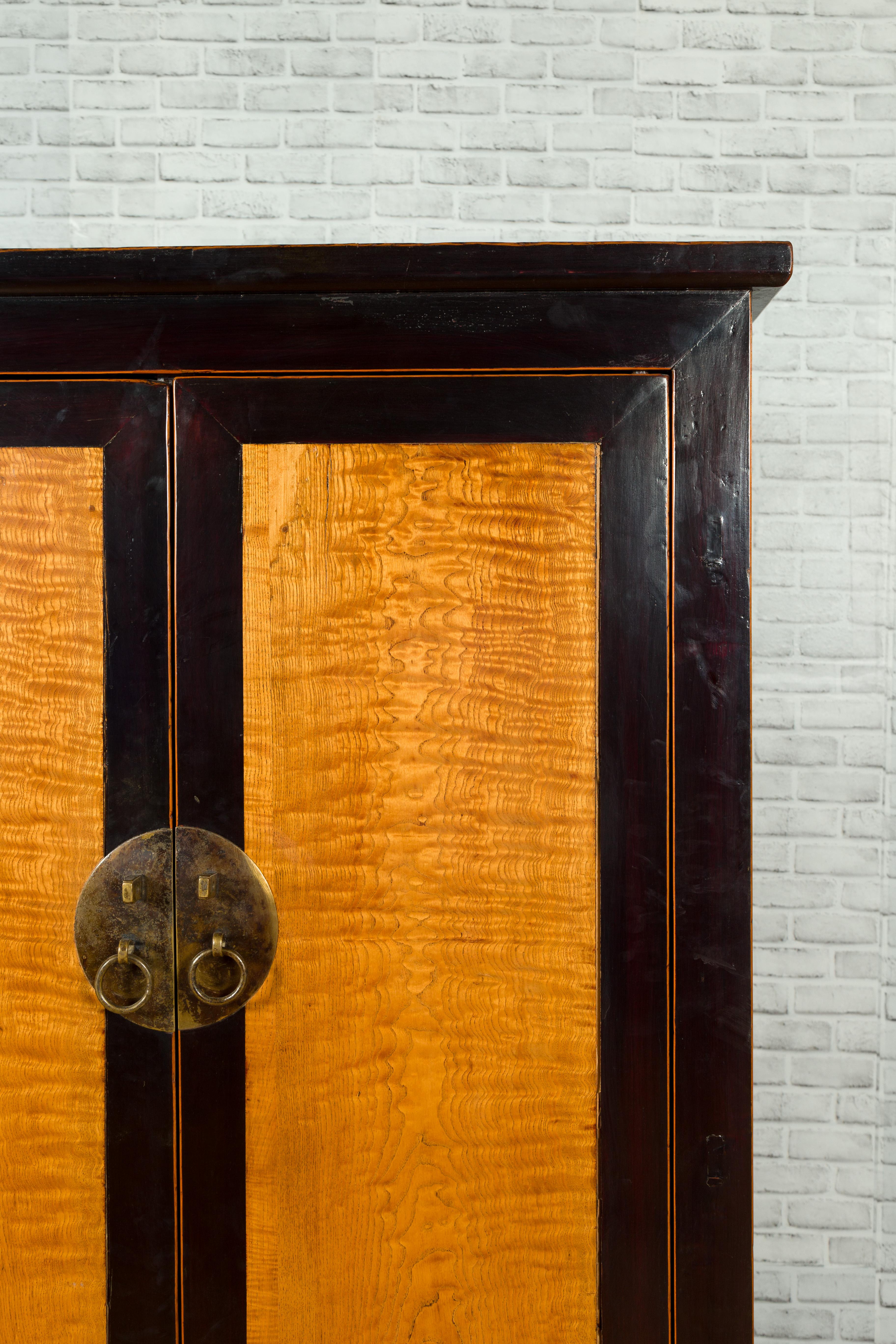 Chinese 19th Century Two-Door Black Cabinet with Inset Burl Panels and Drawers 1