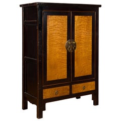 Chinese 19th Century Two-Door Black Cabinet with Inset Burl Panels and Drawers