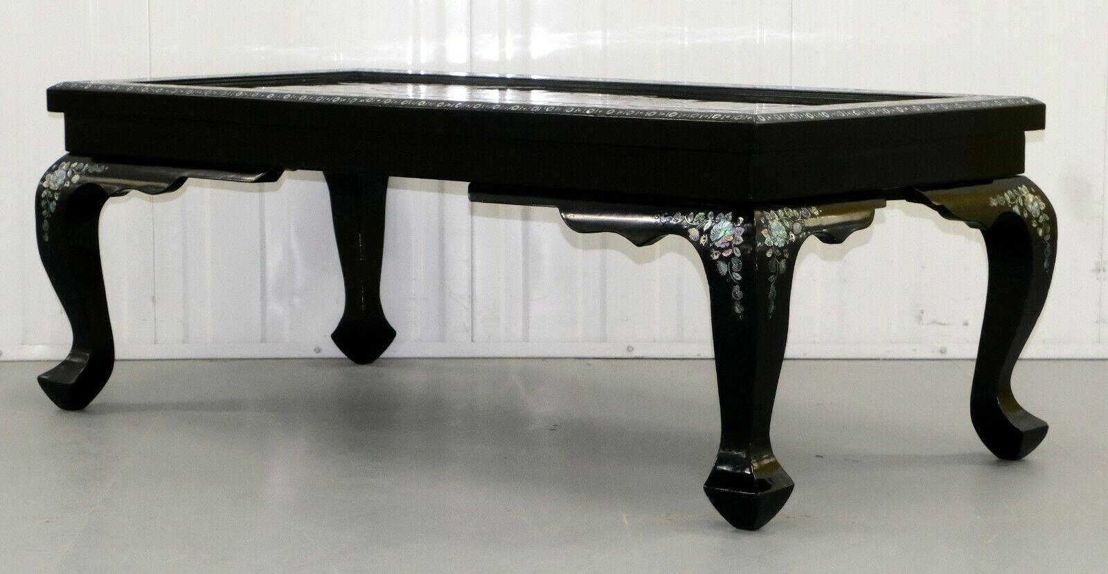 Chinese Export Chinese 20th Century Black Laquer & Mother Pearl Inlaid Low Coffee Table For Sale