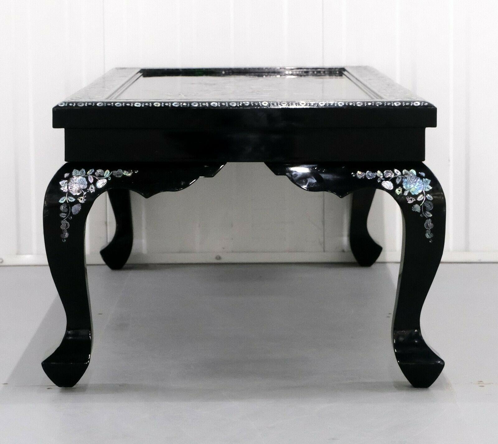 Hand-Crafted Chinese 20th Century Black Laquer & Mother Pearl Inlaid Low Coffee Table For Sale