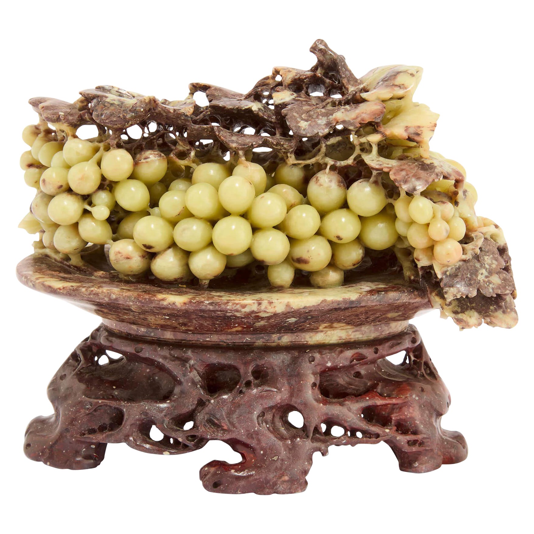 Chinese 20th Century Carved Hardstone Jade Soapstone Fruit Grape Model Sculpture For Sale