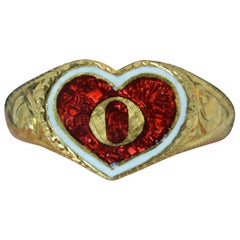 Chinese 22 Carat Gold Red Enamel Heart Shaped Signet Ring with O Initial