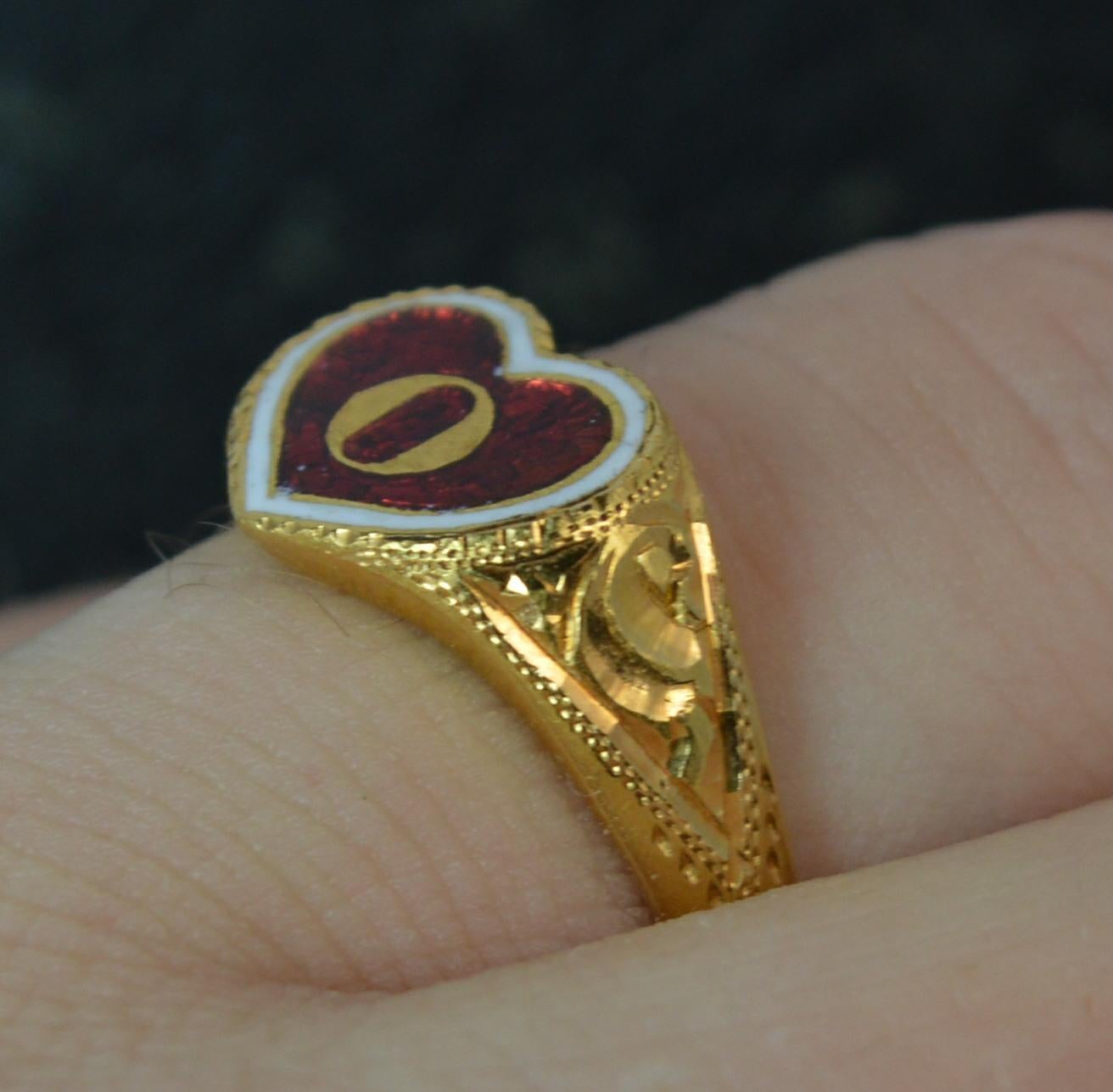 Chinese 22 Carat Gold Red Enamel Heart Shaped Signet Ring with O ...
