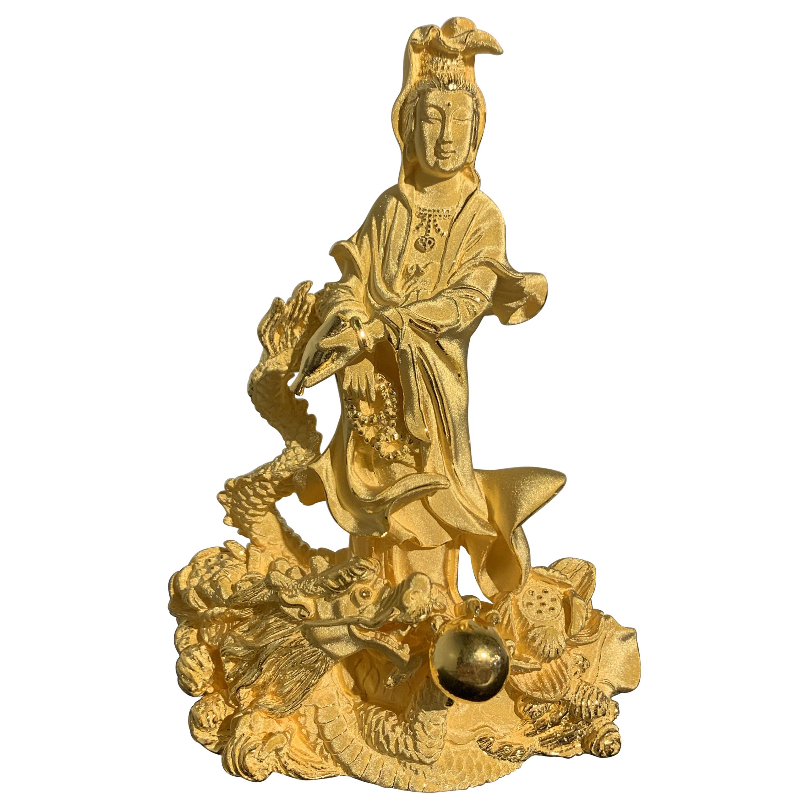 Chinese 24 Karat Textured Gold Sculpture of Guanyin Riding a Dragon