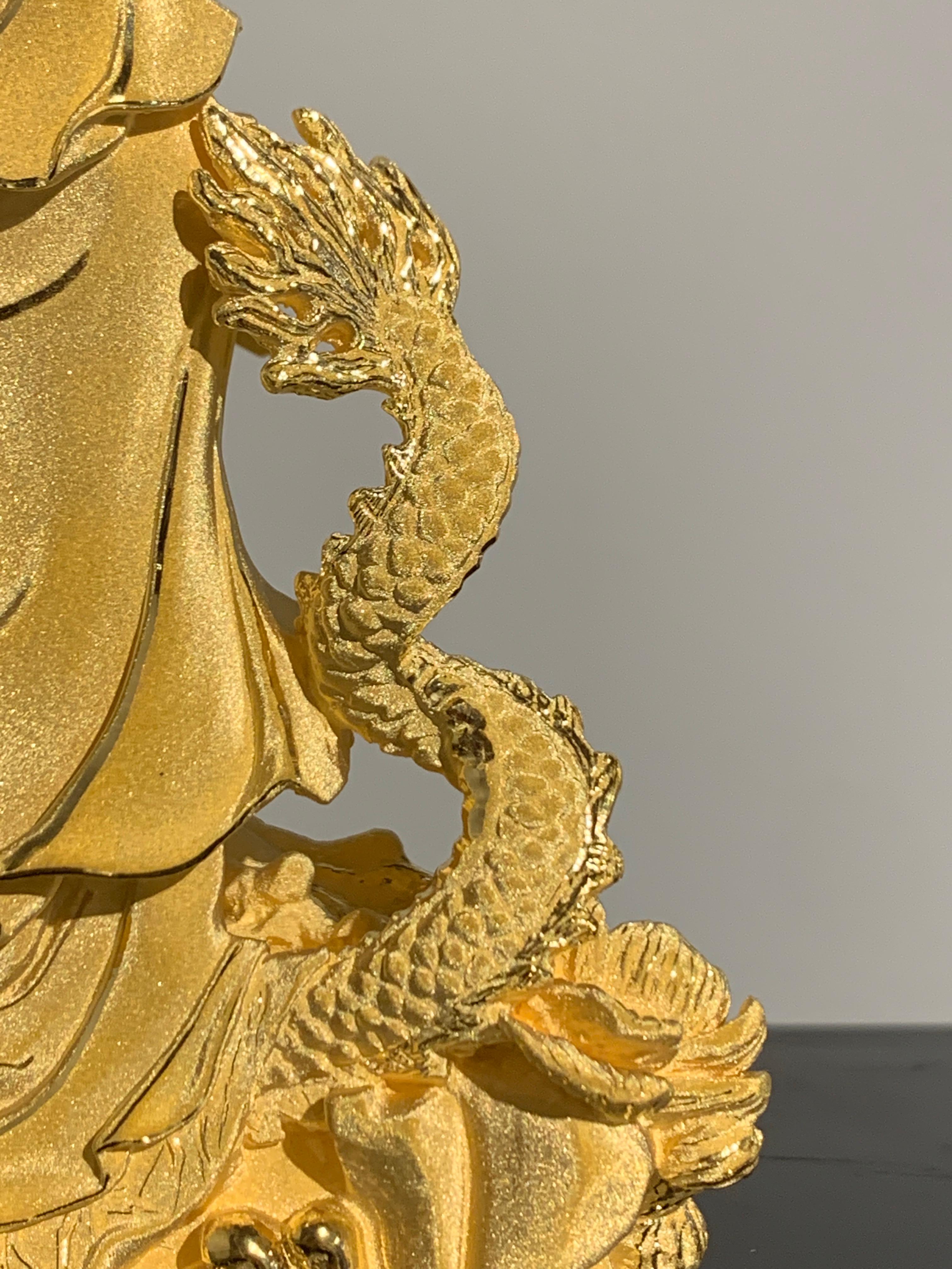 Chinese 24 Karat Textured Gold Sculpture of Guanyin Riding a Dragon 4