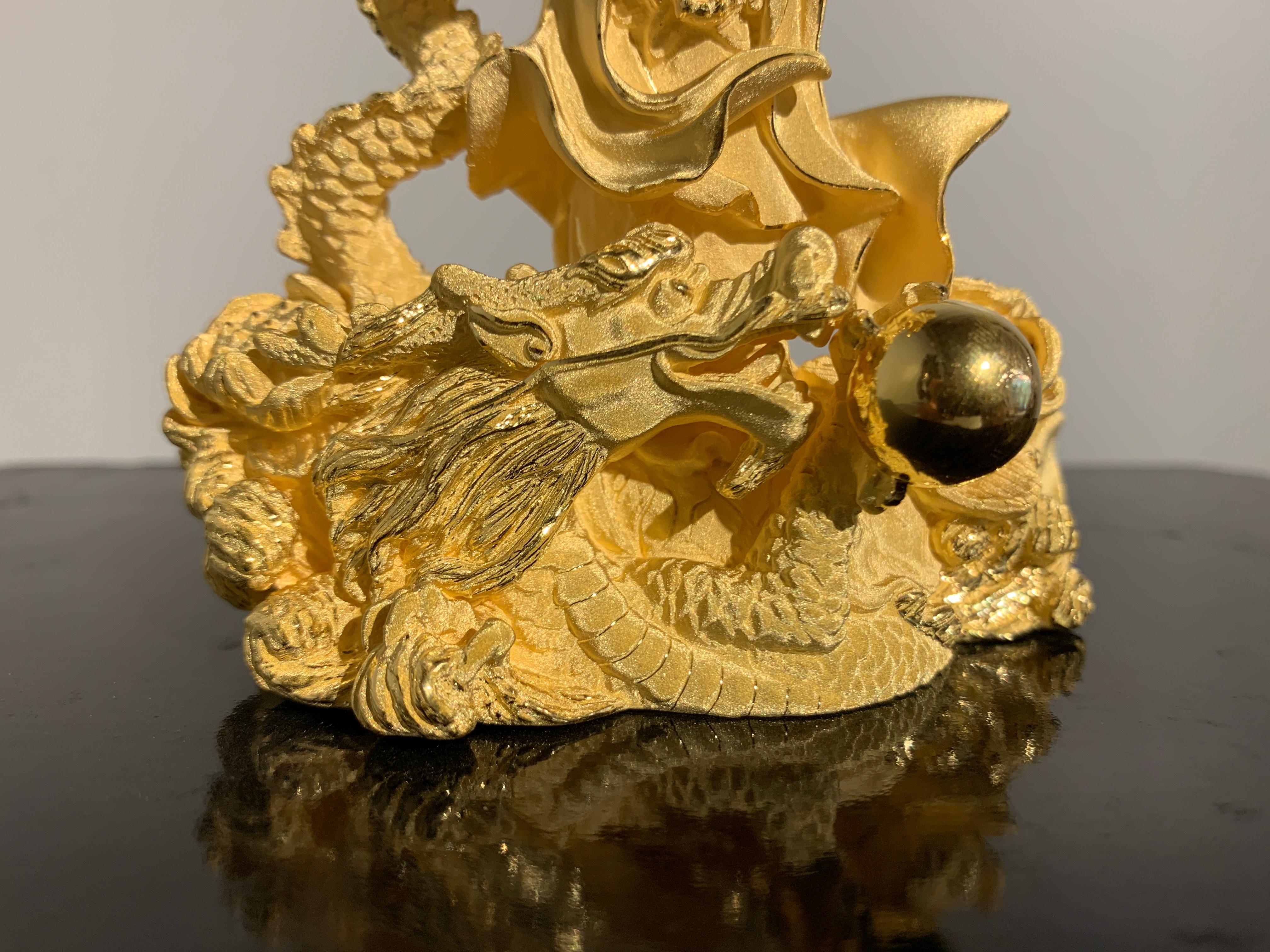 Chinese 24 Karat Textured Gold Sculpture of Guanyin Riding a Dragon In Good Condition In Austin, TX