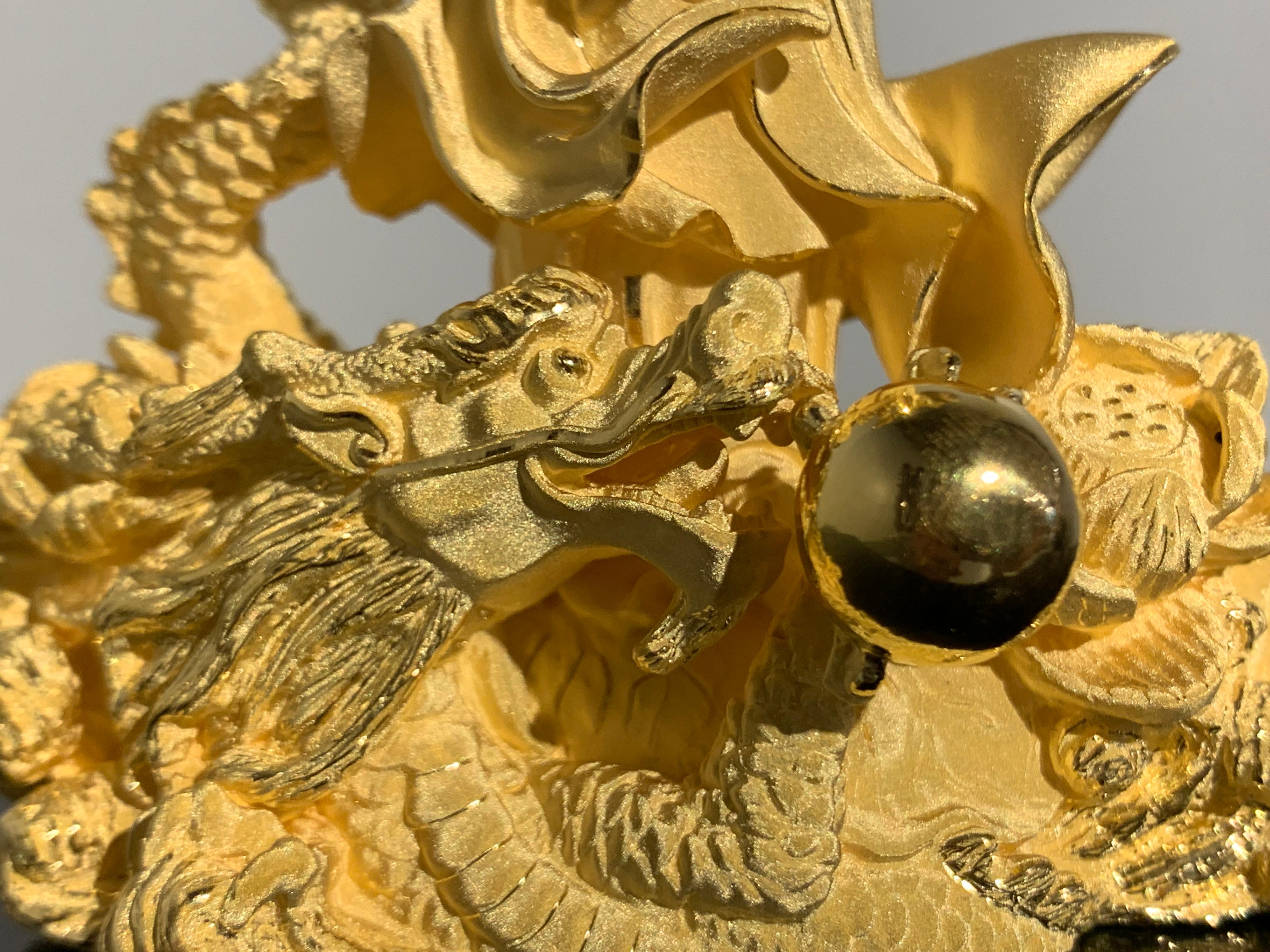 Women's or Men's Chinese 24 Karat Textured Gold Sculpture of Guanyin Riding a Dragon
