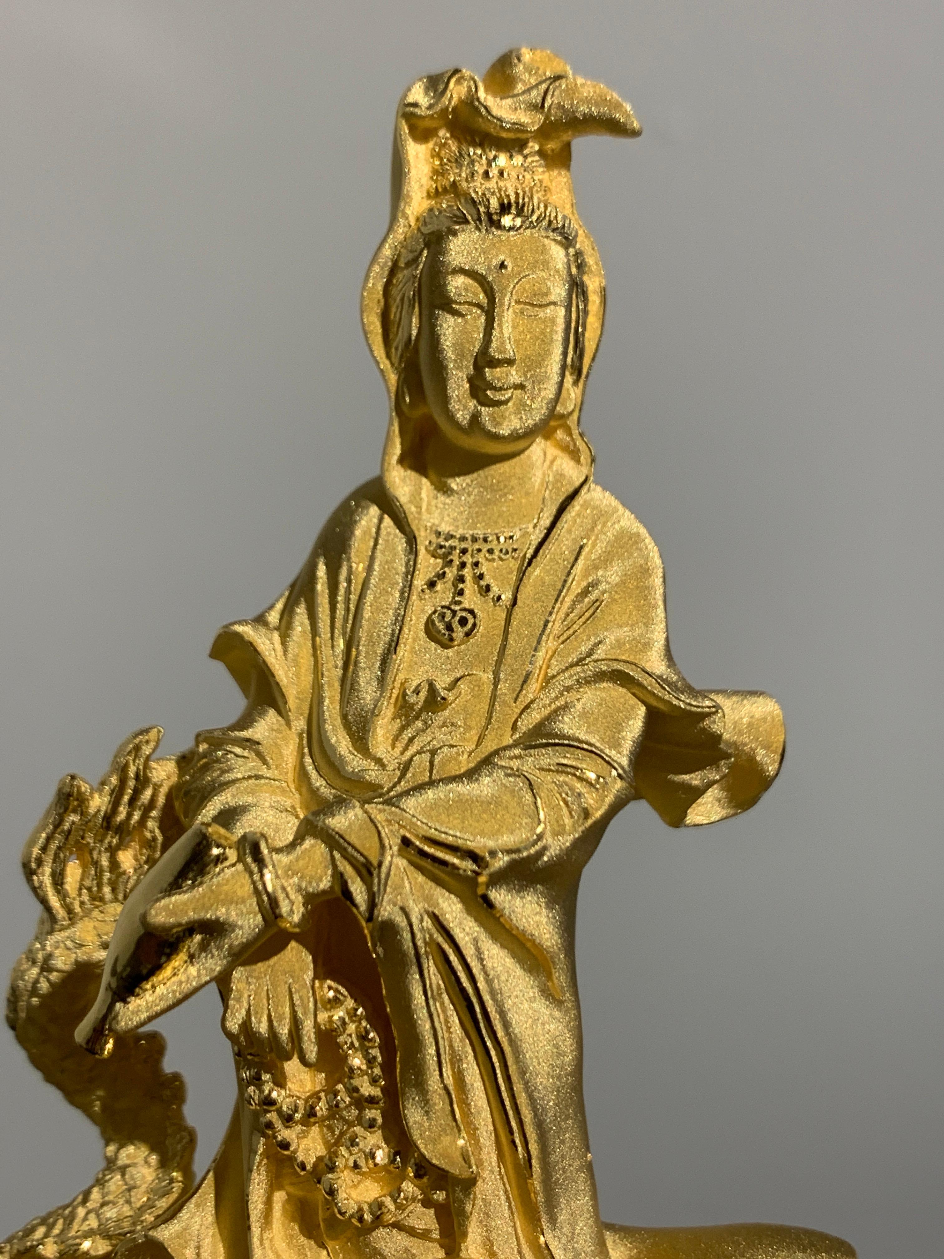 Chinese 24 Karat Textured Gold Sculpture of Guanyin Riding a Dragon 1