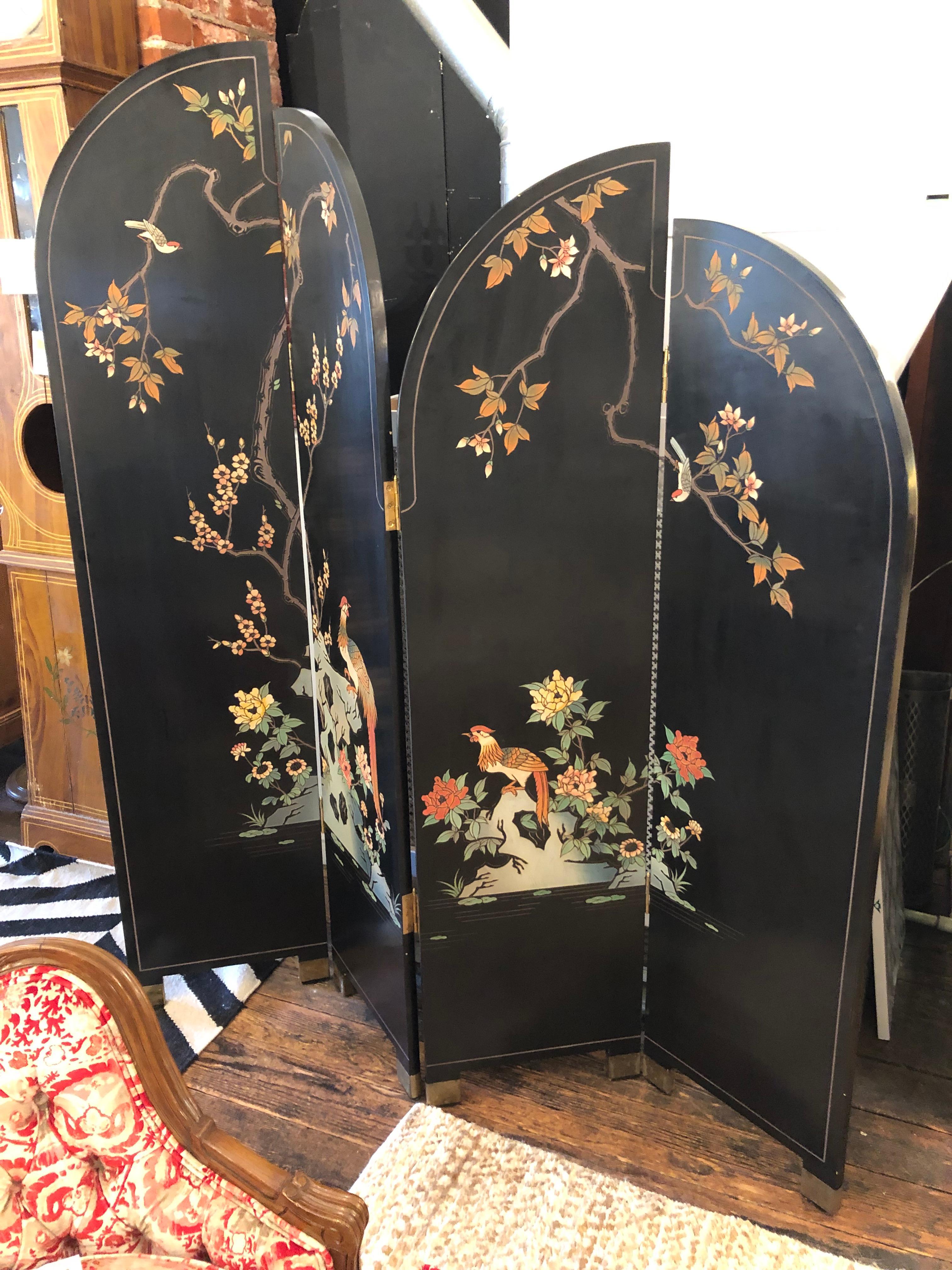 Chinese 4 Panel Coromandel Black Laquer Screen Room Divider For Sale 8