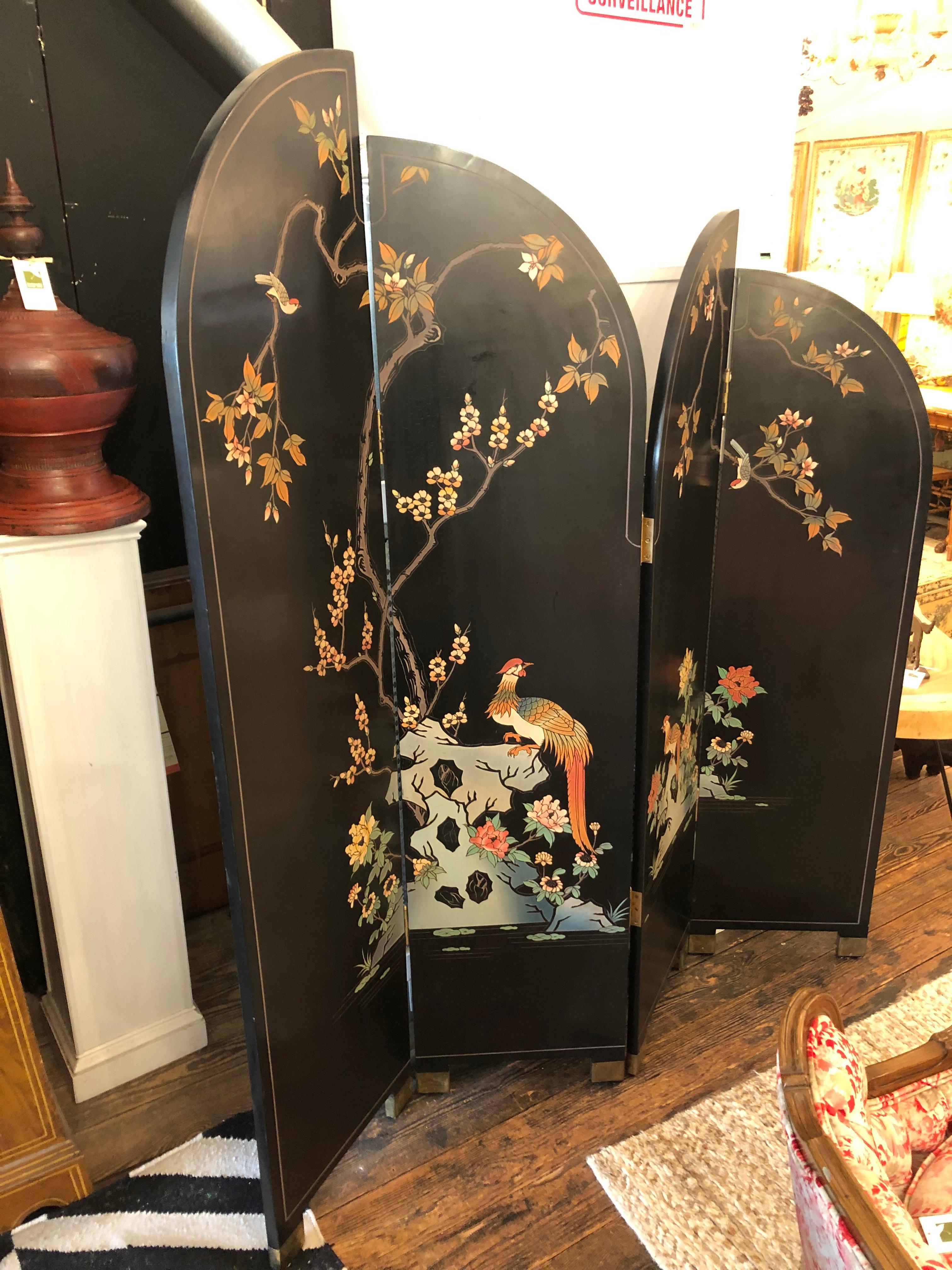 Wood Chinese 4 Panel Coromandel Black Laquer Screen Room Divider For Sale