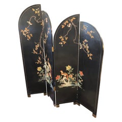 Chinese 4 Panel Coromandel Black Laquer Screen Room Divider