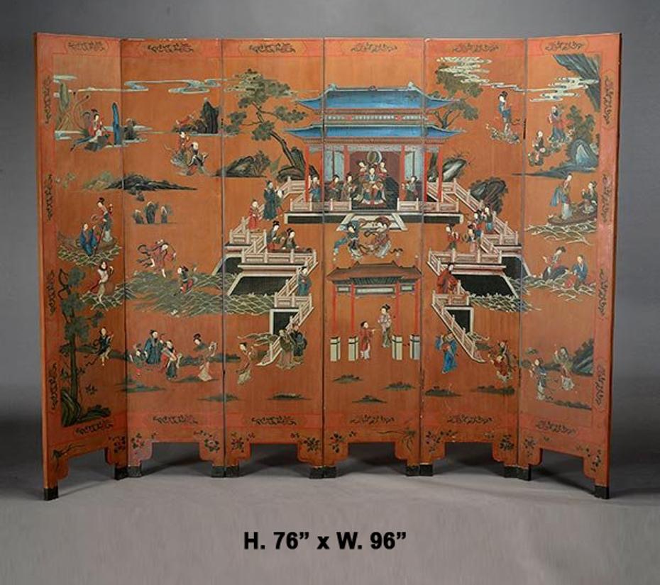 Fine antique Chinese hand painted coromandel 6 Panel Screen.20th century possibly earlier.
Each panel is hand brushed with gesso before it is being hand painted to give the three dimensional effect that add a lot to the value of the screen.
In