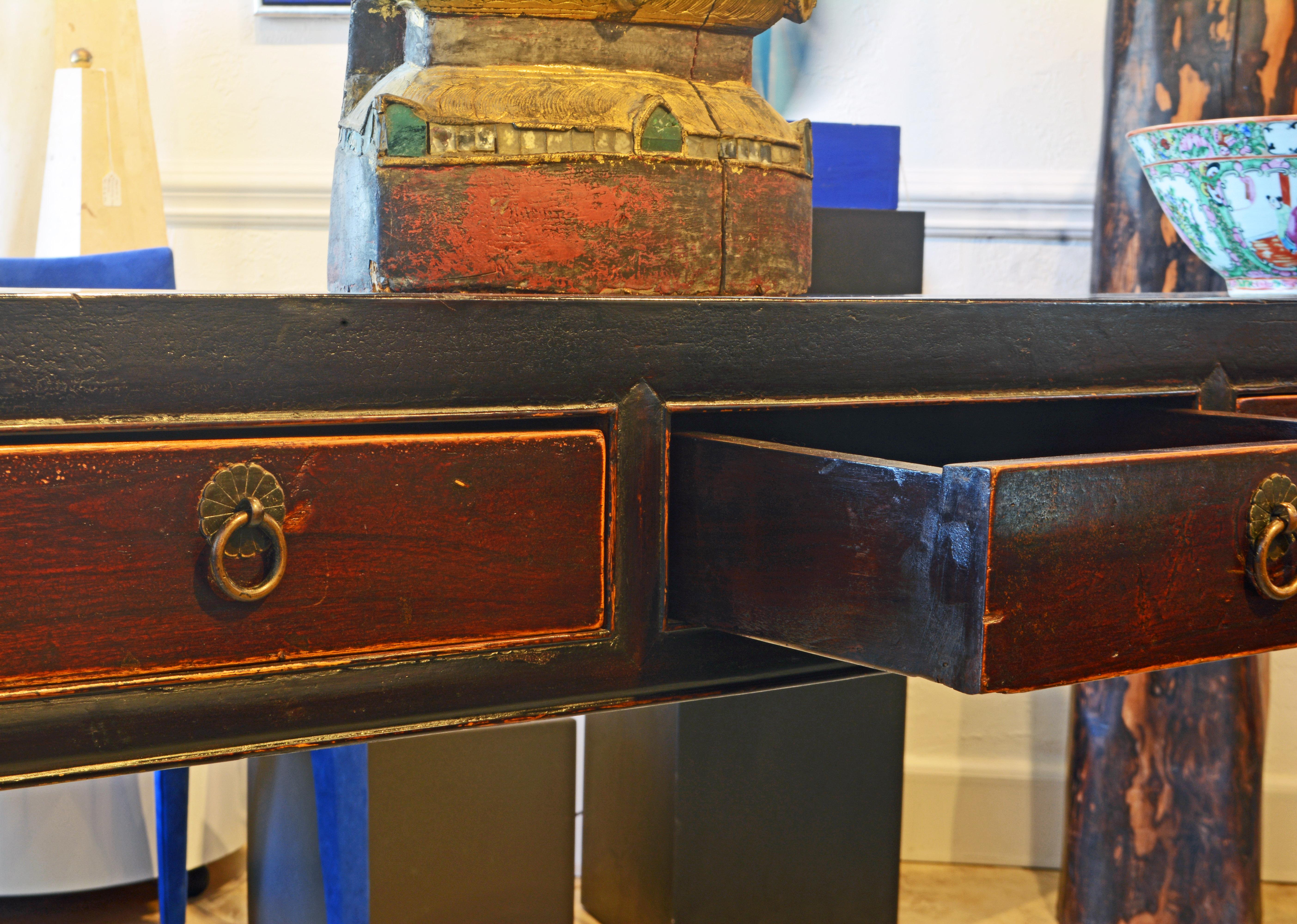 19th Century Chinese 7 Drawer Lacquered Console Table, 8 Feet Plus Long, Restored